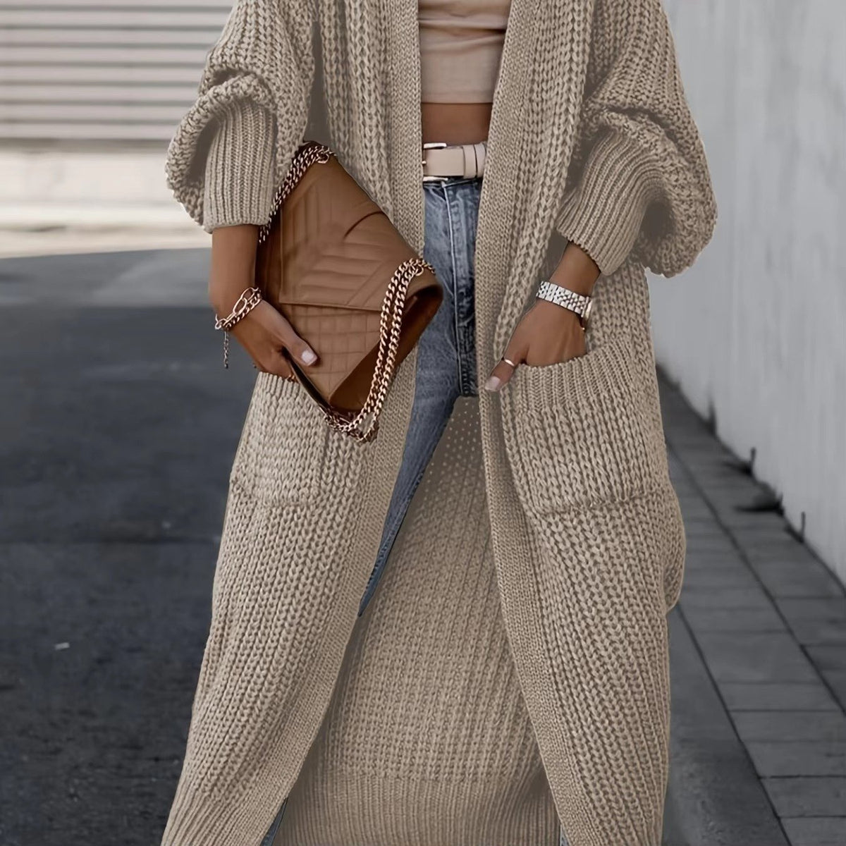 Women's Chunky Knit Ribbed Longline Wool Cardigan - Khaki