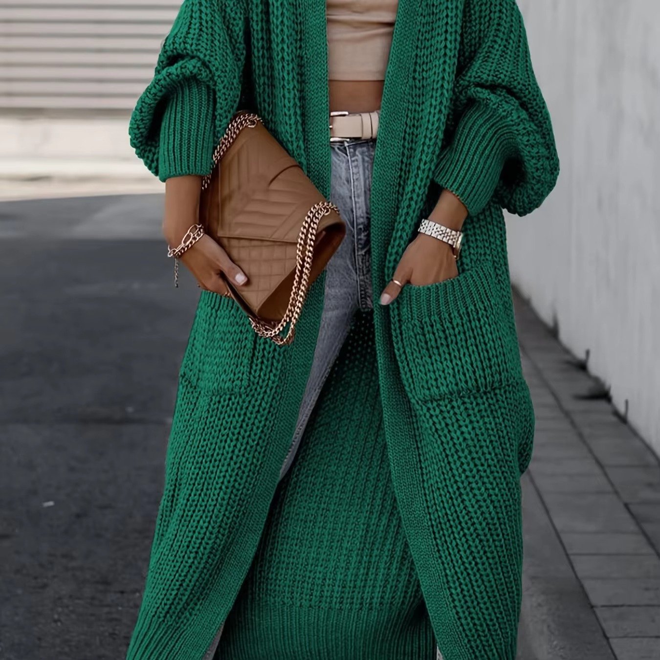 Women's Chunky Knit Ribbed Longline Wool Cardigan - Green