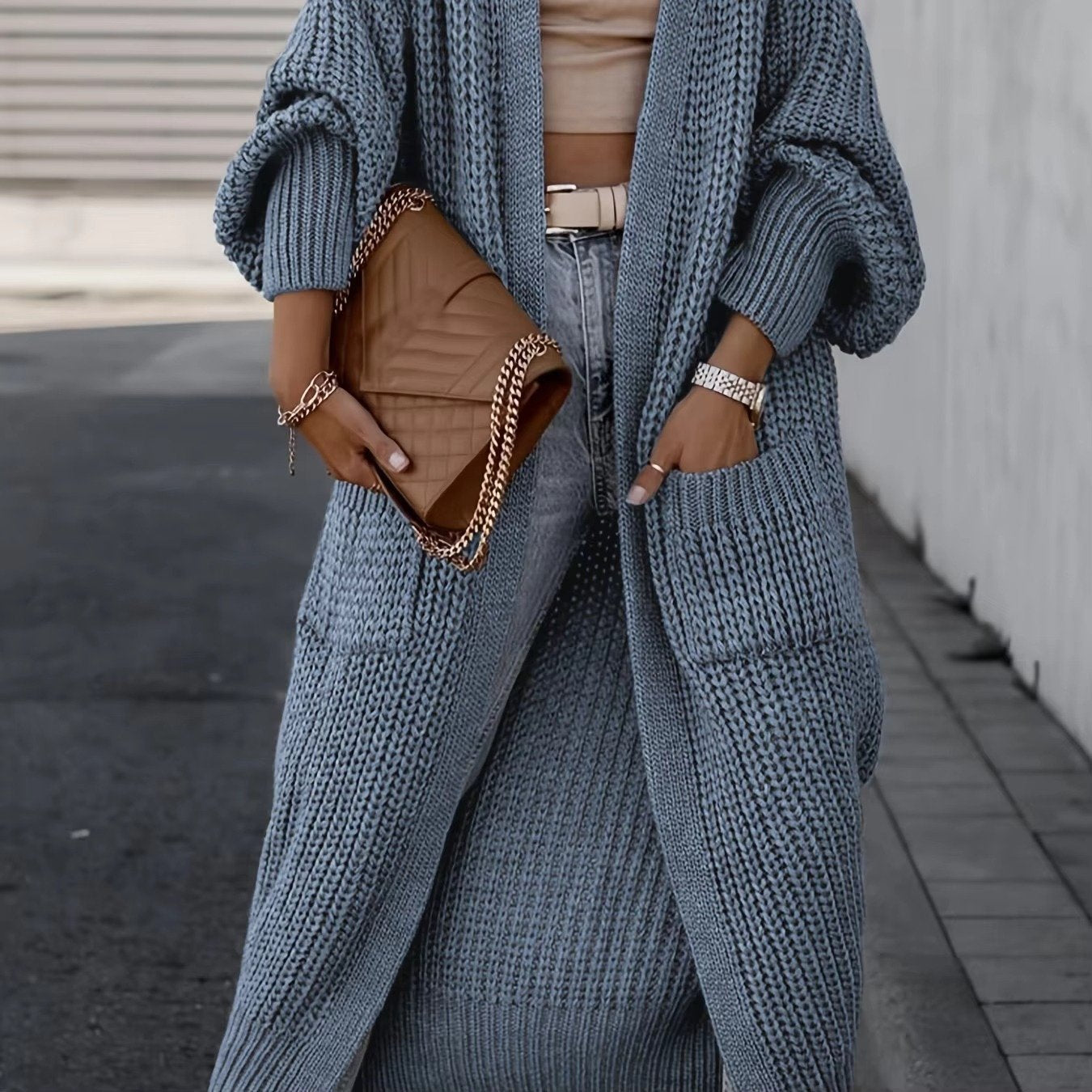 Women's Chunky Knit Ribbed Longline Wool Cardigan - Blue