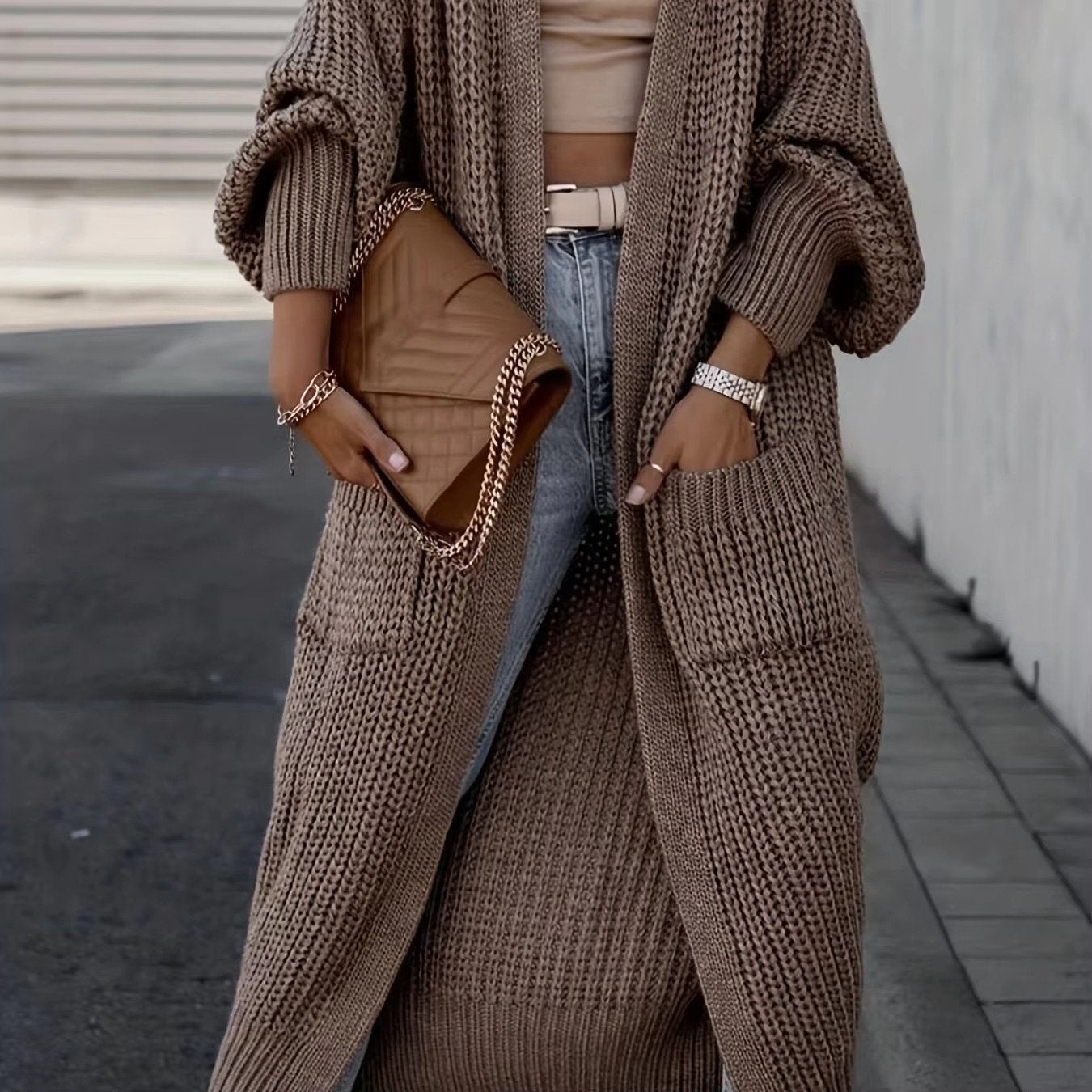 Women's Chunky Knit Ribbed Longline Wool Cardigan - Coffee