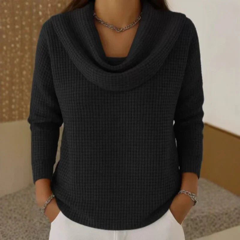 Women's Waffle Long Sleeve Knit Top - Black