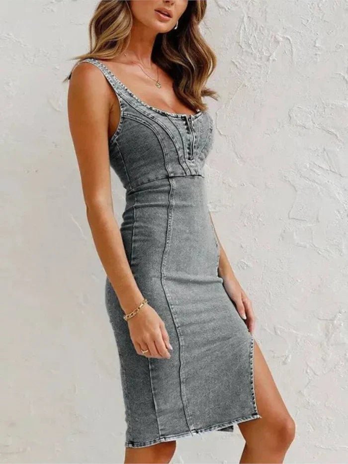 Women's Denim Bodycon Midi Party Dress - Grey