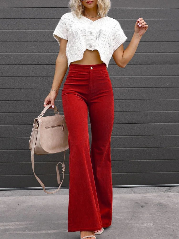Women's High-Waisted Corduroy Flare Trousers - Bordeaux
