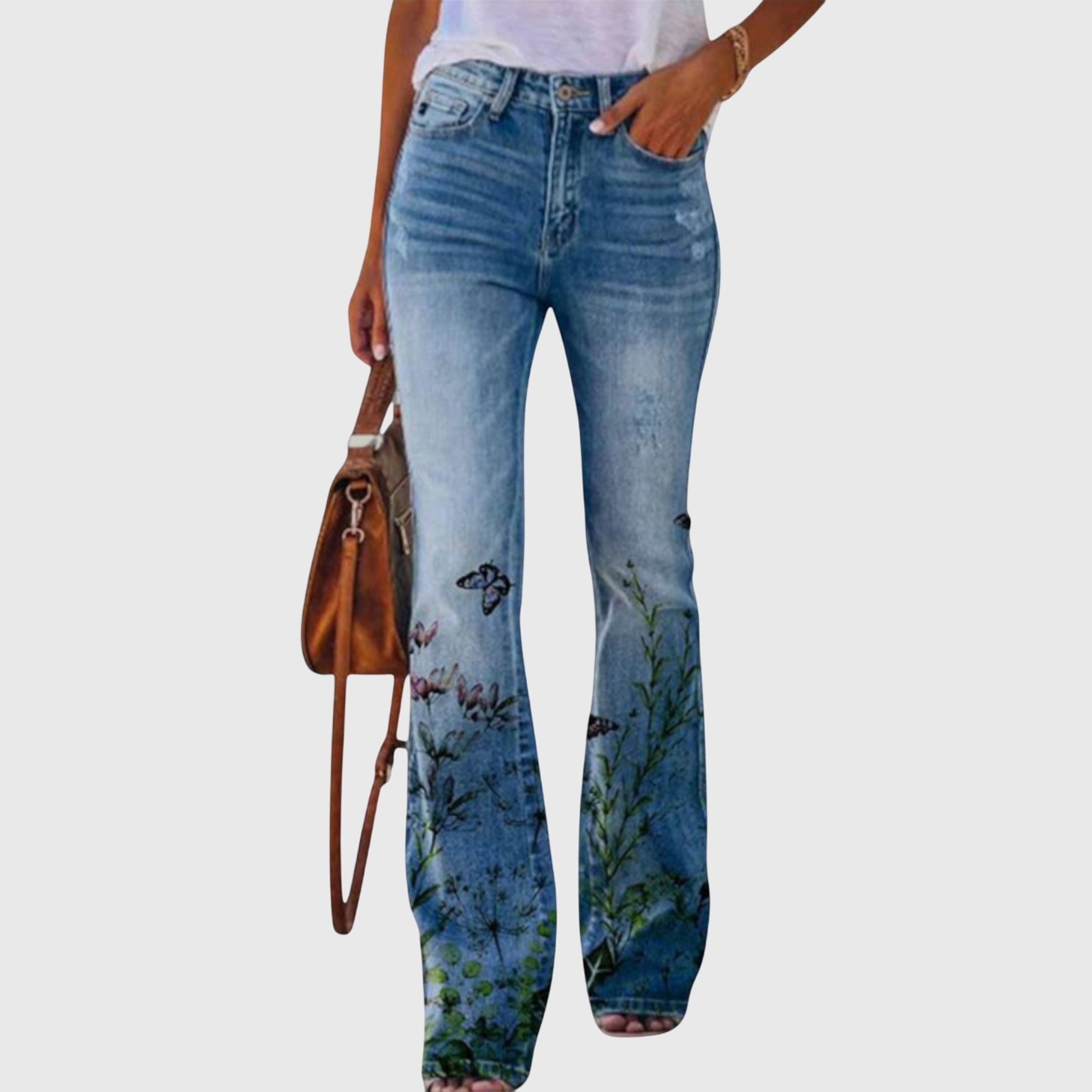 Women's Floral High-Waisted Flare Jeans - Black Butterfly