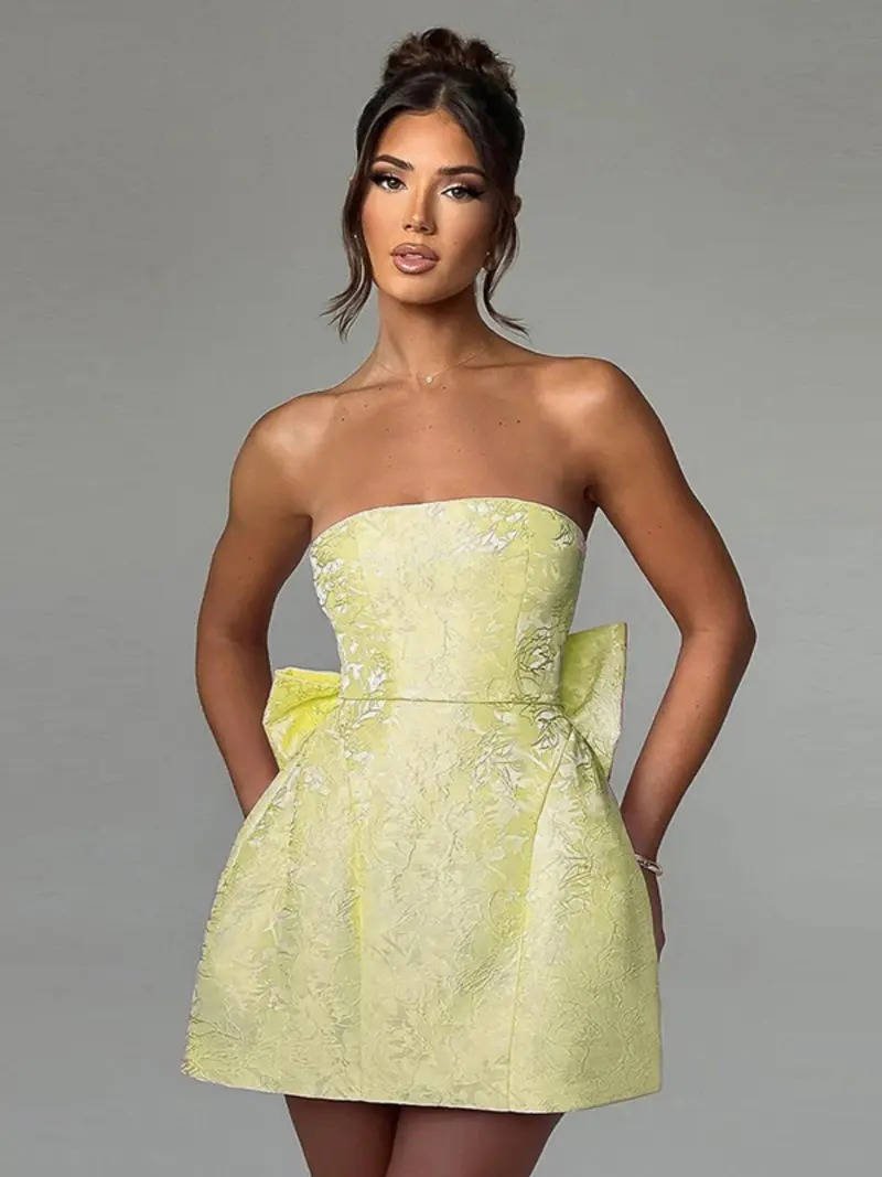 Women's Floral Jacquard Cocktail Strapless Mini Party Dress - Yellow