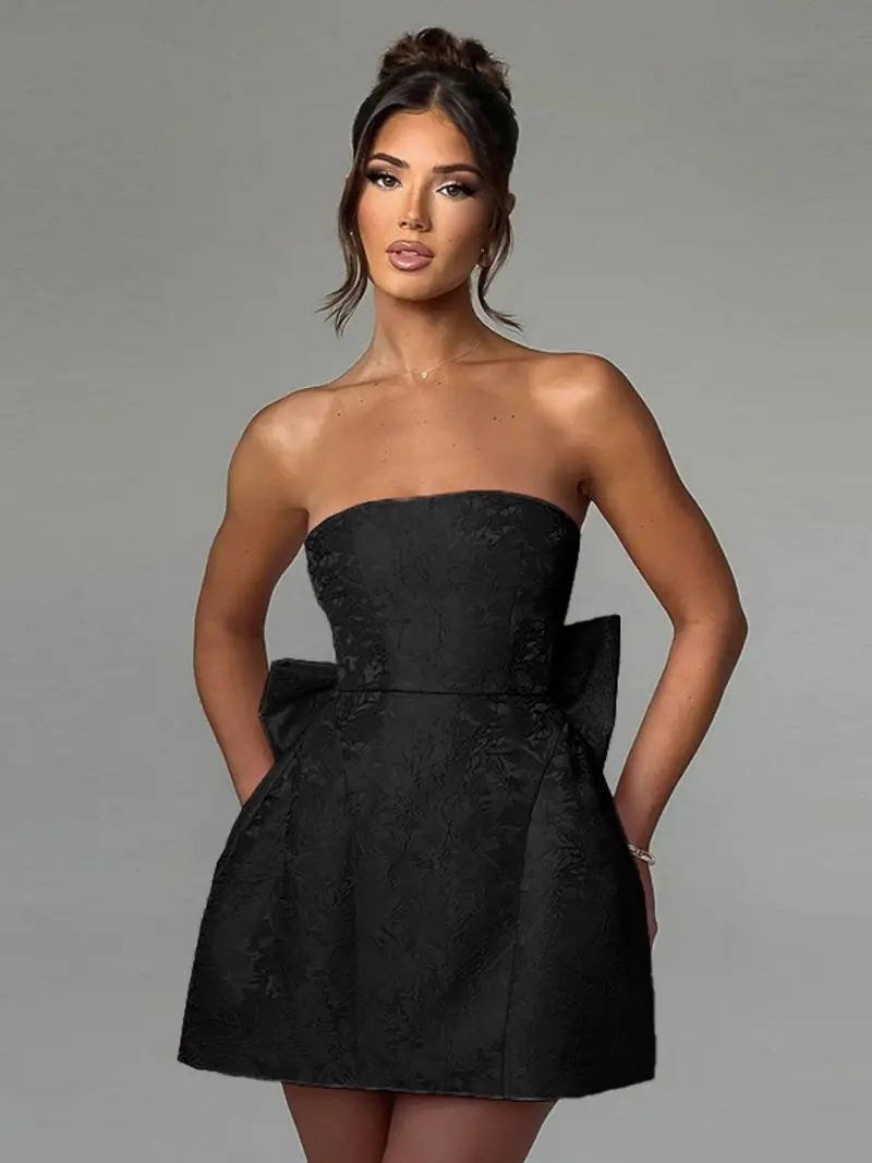 Women's Floral Jacquard Cocktail Strapless Mini Party Dress - Black