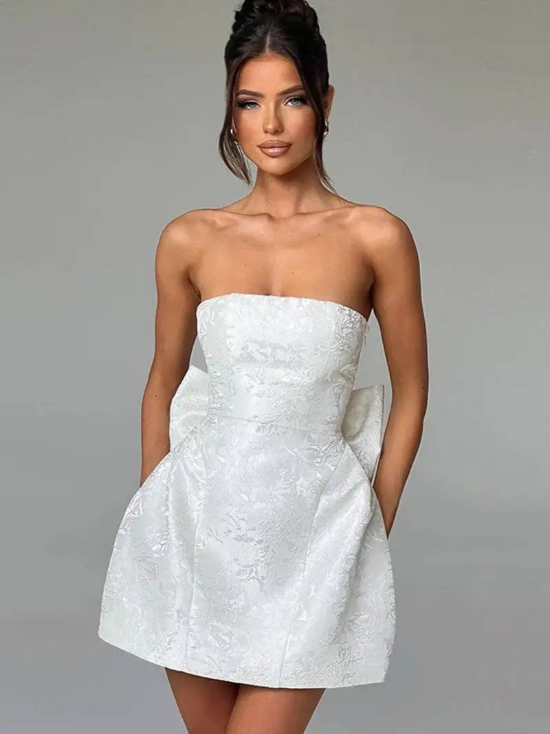 Women's Floral Jacquard Cocktail Strapless Mini Party Dress - Off White