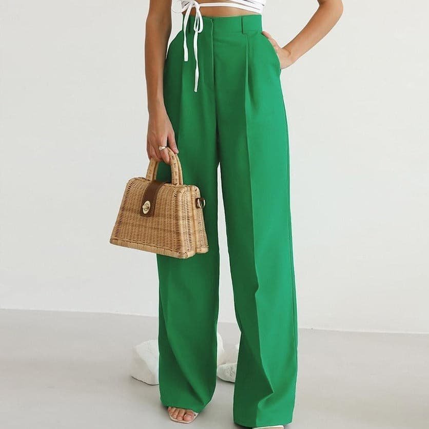 Women's High-Waisted Tailored Pleated Wide-Leg Trousers - Green