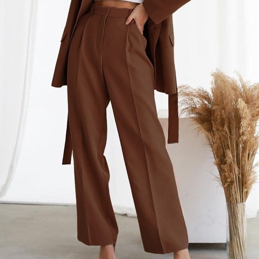 Women's High-Waisted Tailored Pleated Wide-Leg Trousers - Brown