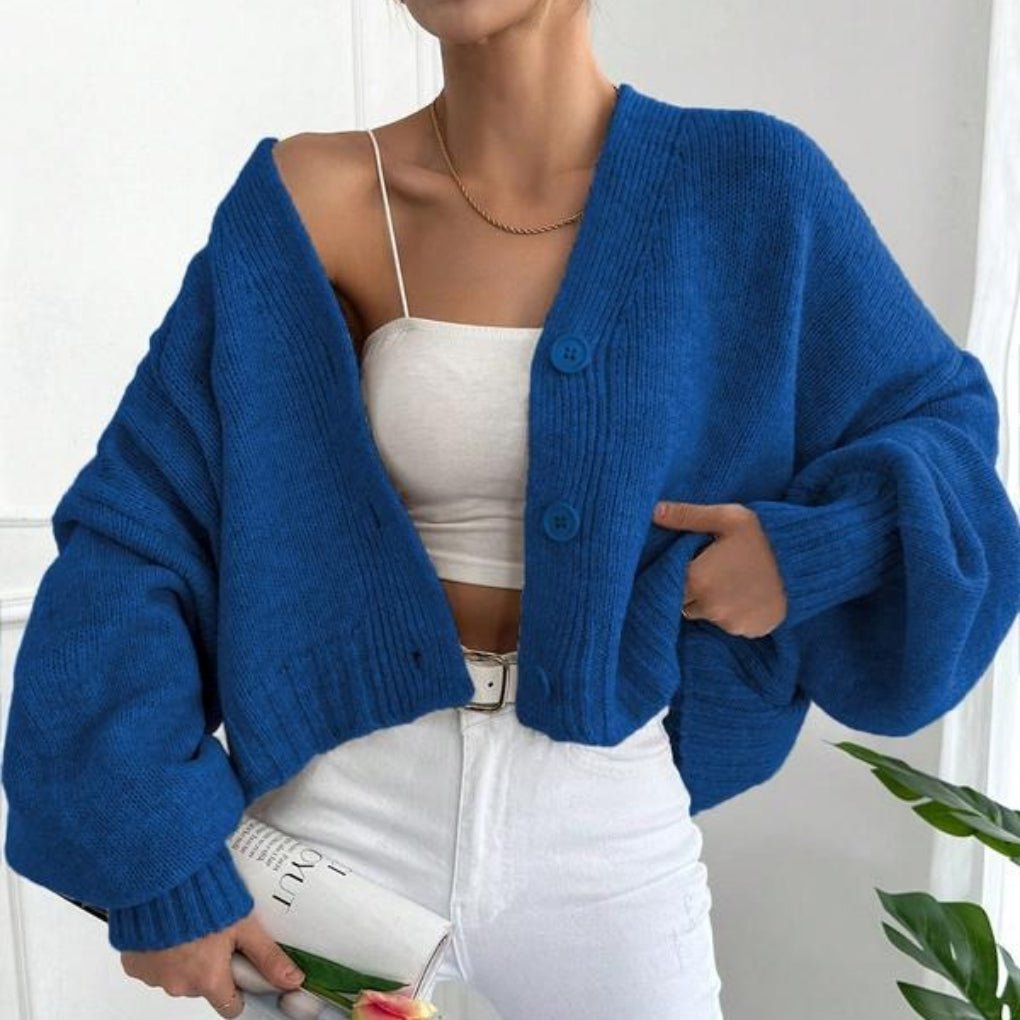 Women's Chunky Cropped Knit Ribbed Wool V-Neck Cardigan - Blue