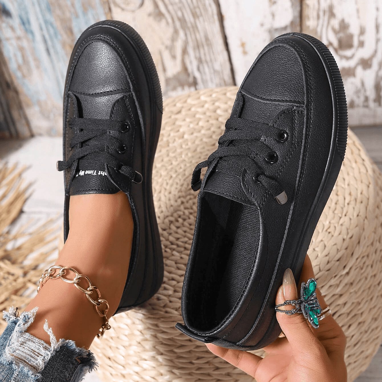 Women's Platform Slip-On Leather Trainers - Black