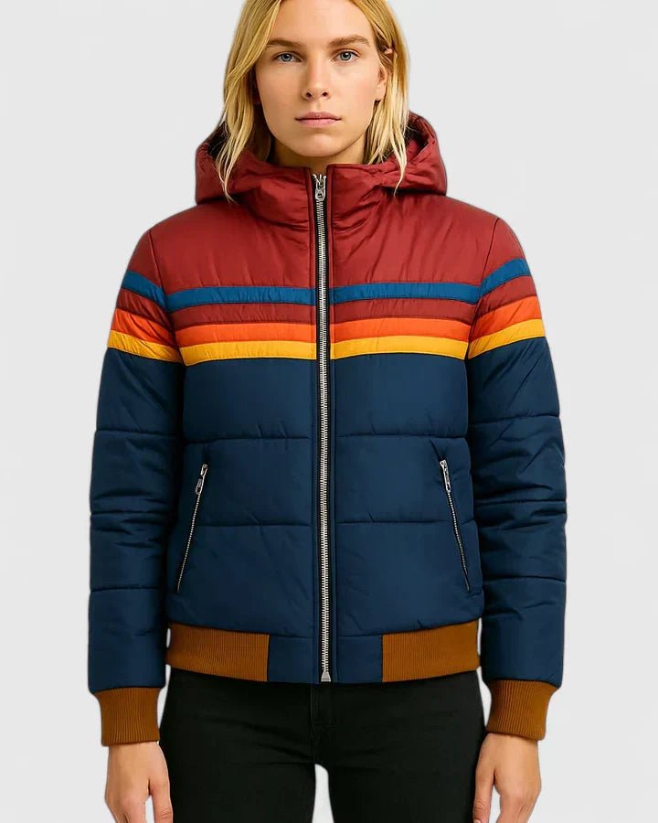 Women's Striped Puffer Jacket - Navy Blue
