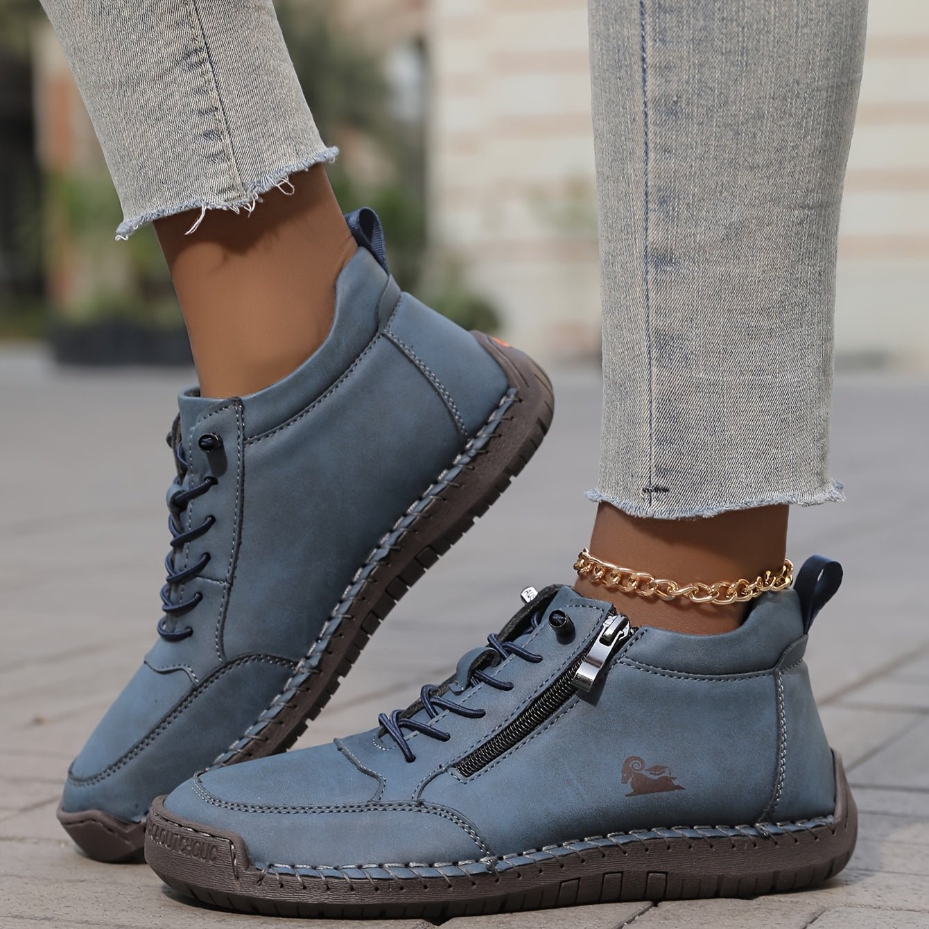 Women's Faux Leather Lace-Up Trainers - Blue