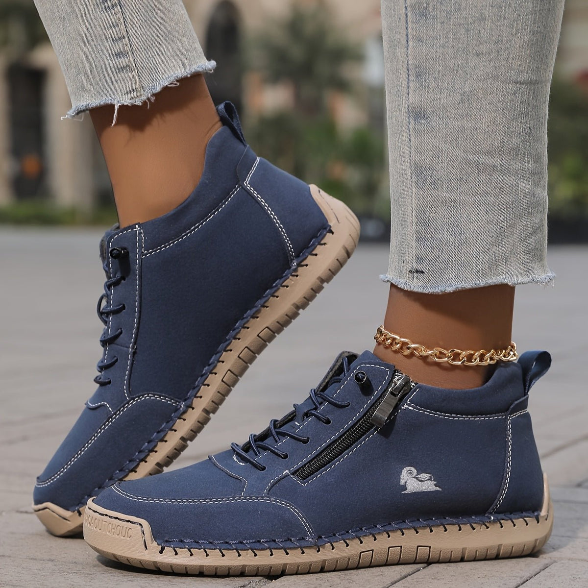Women's Faux Leather Lace-Up Trainers - Navy Blue