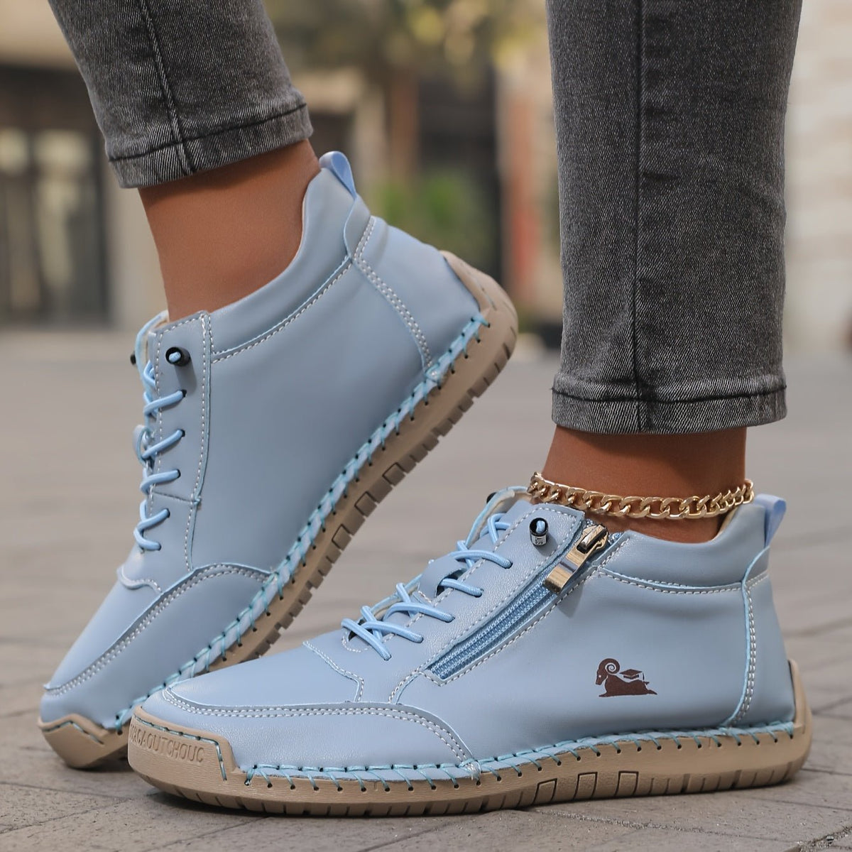 Women's Faux Leather Lace-Up Trainers - Light Blue
