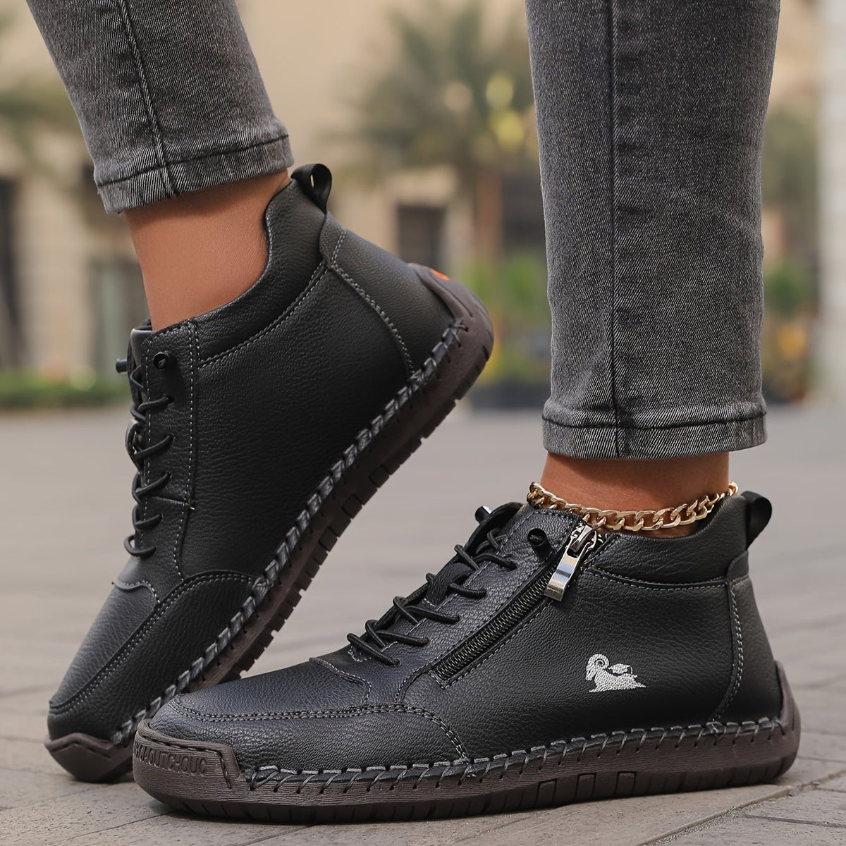 Women's Faux Leather Lace-Up Trainers - Black