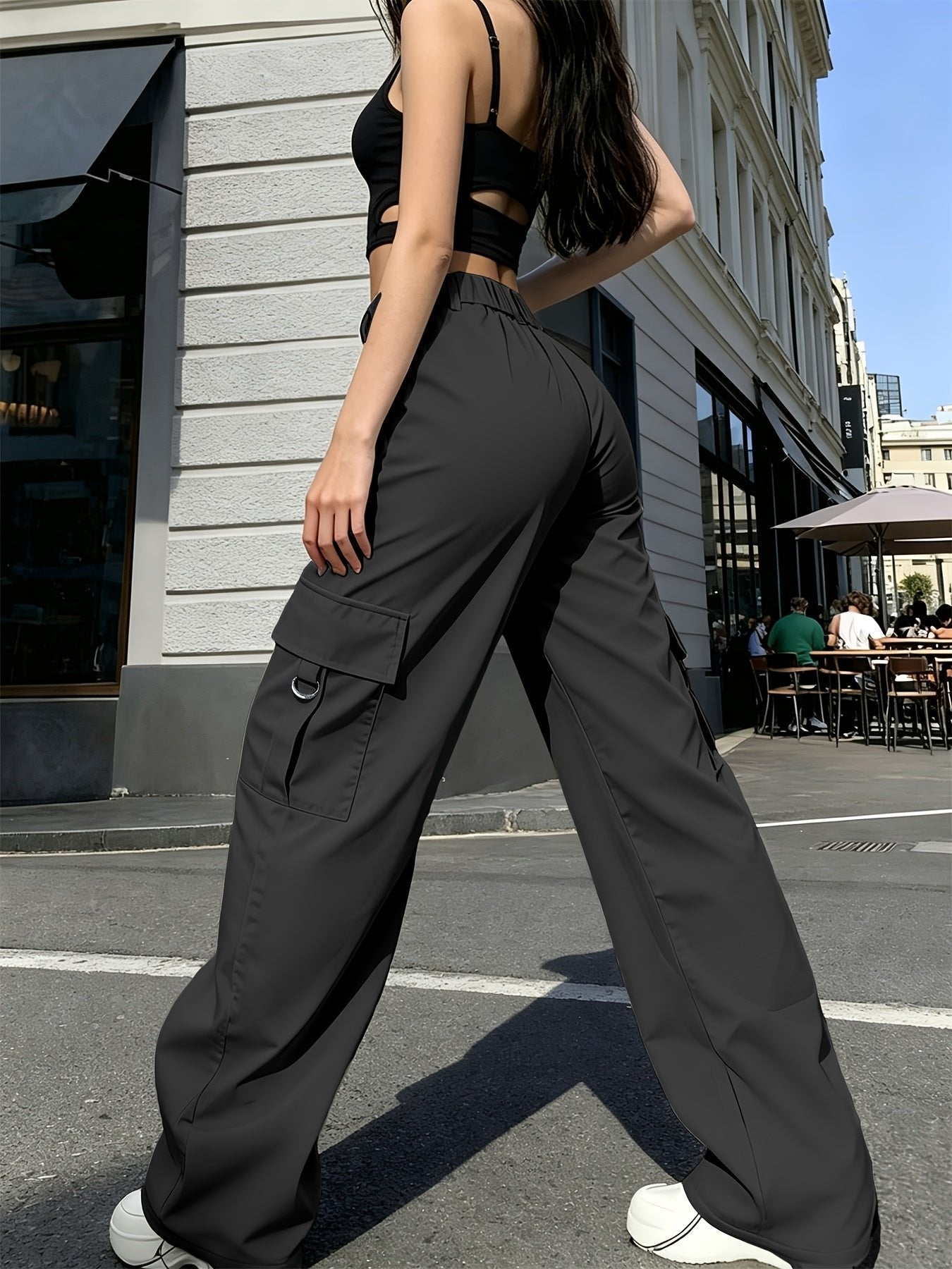 Women's Black High-Waisted Cargo Wide-Leg Trousers