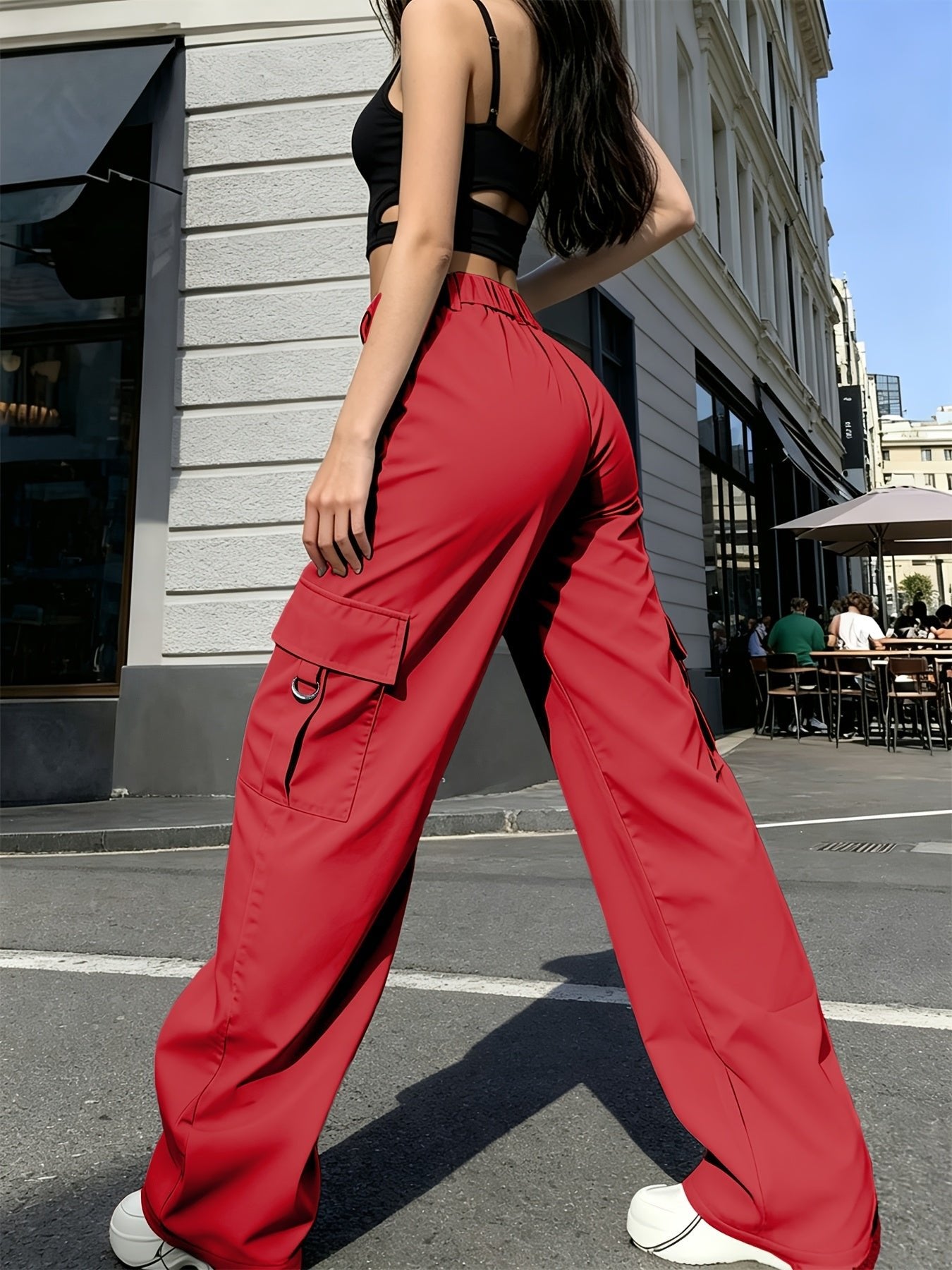 Women's Black High-Waisted Cargo Wide-Leg Trousers