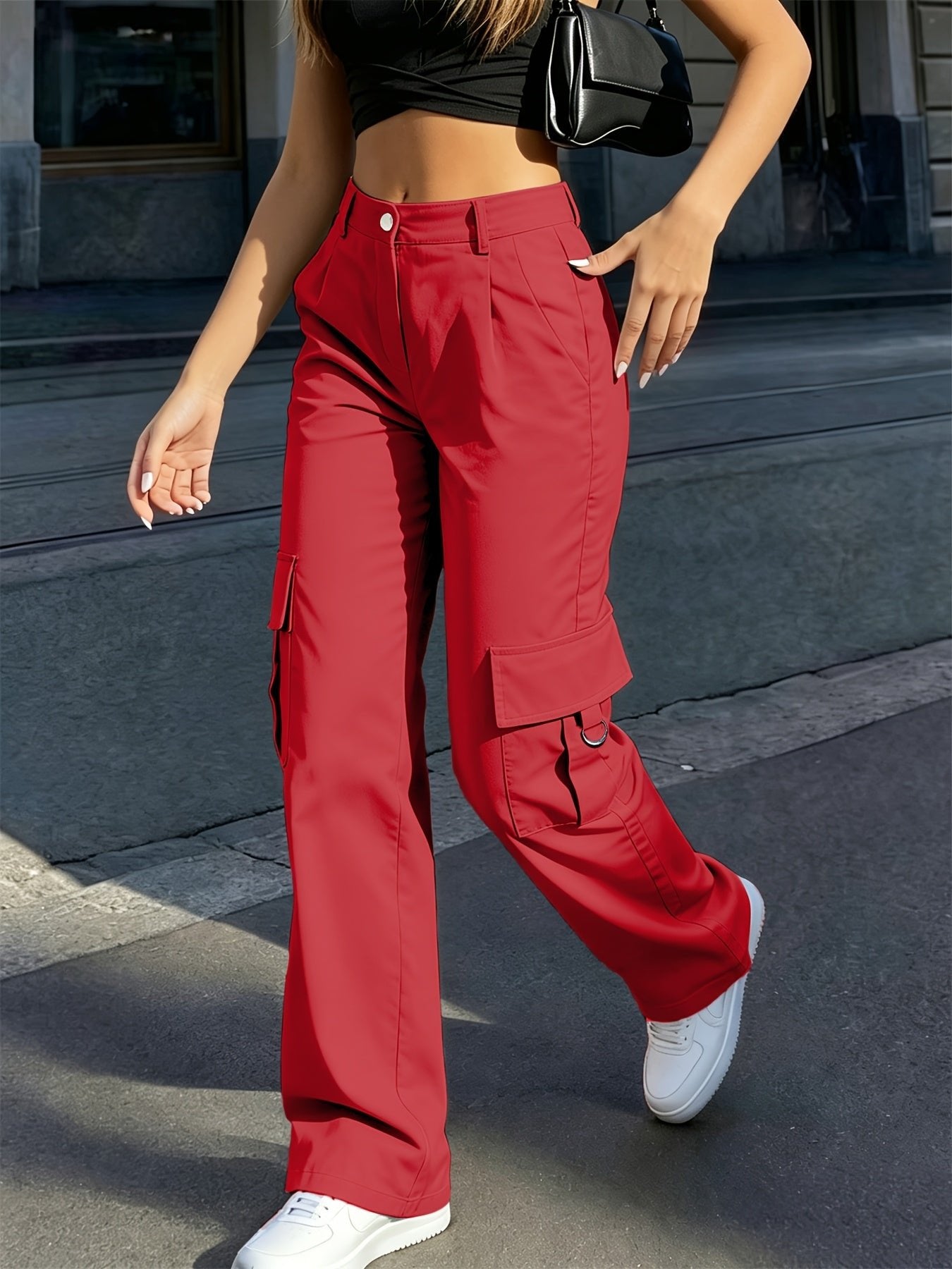 Women's Black High-Waisted Cargo Wide-Leg Trousers