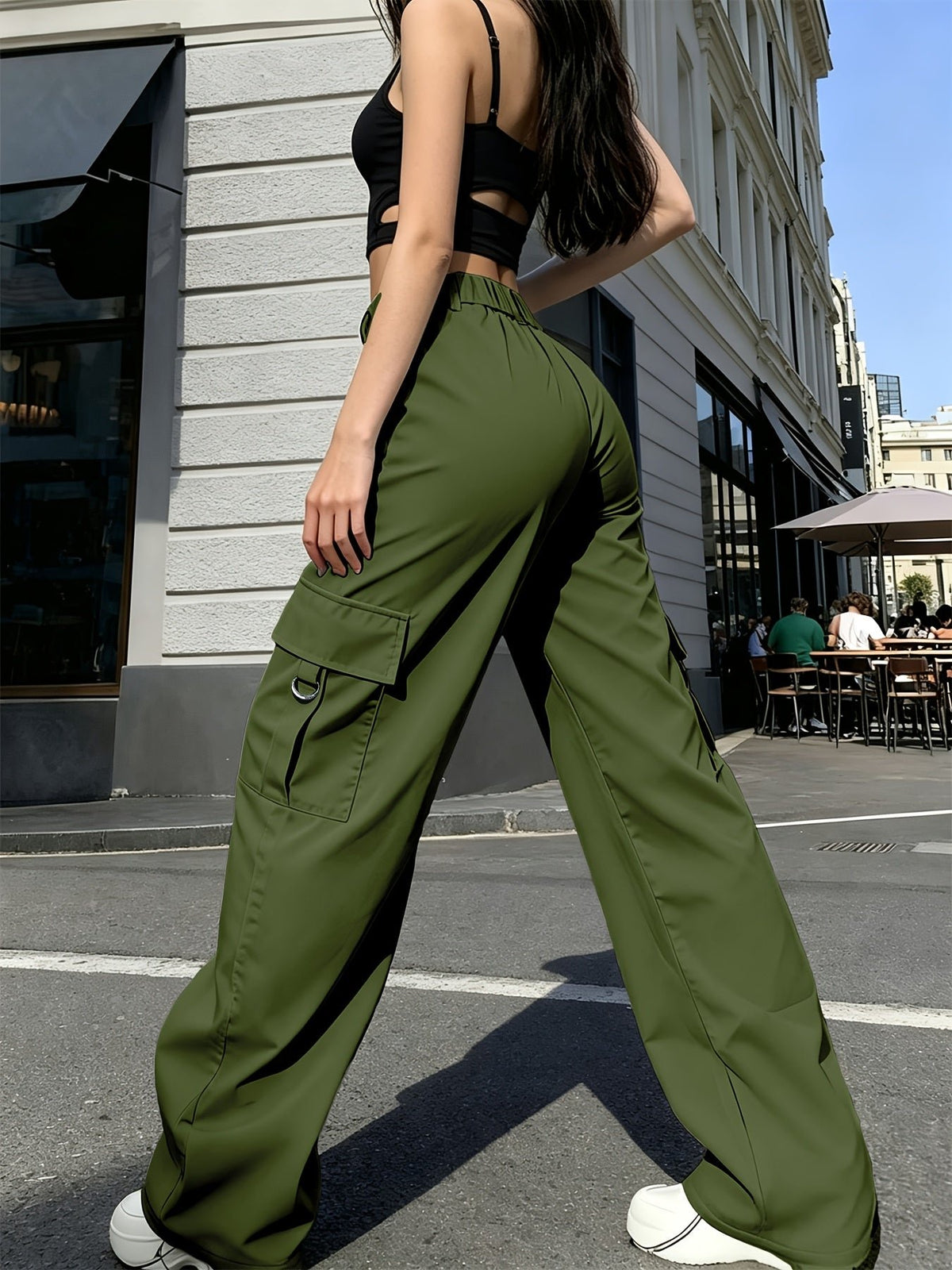 Women's Black High-Waisted Cargo Wide-Leg Trousers