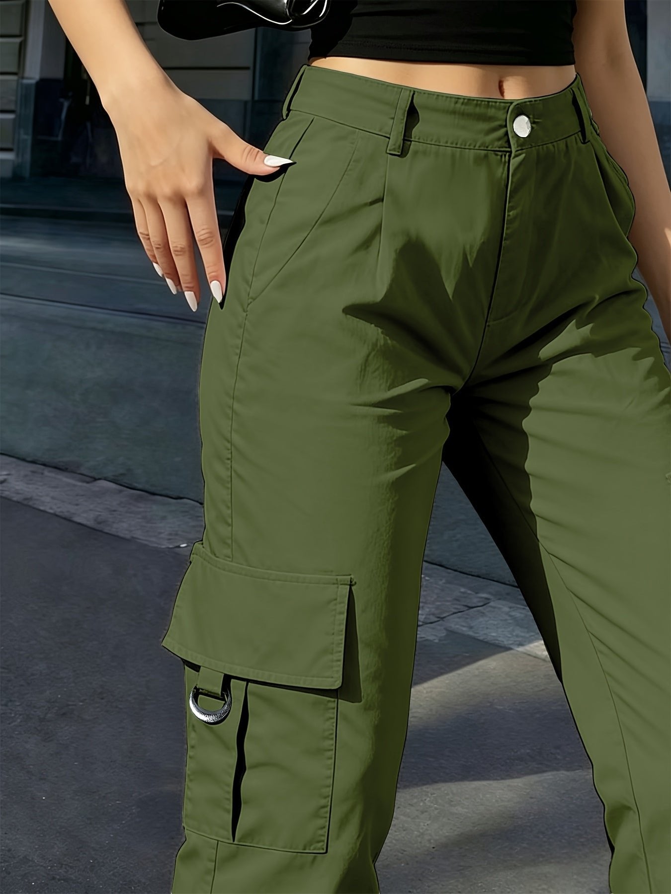 Women's Black High-Waisted Cargo Wide-Leg Trousers