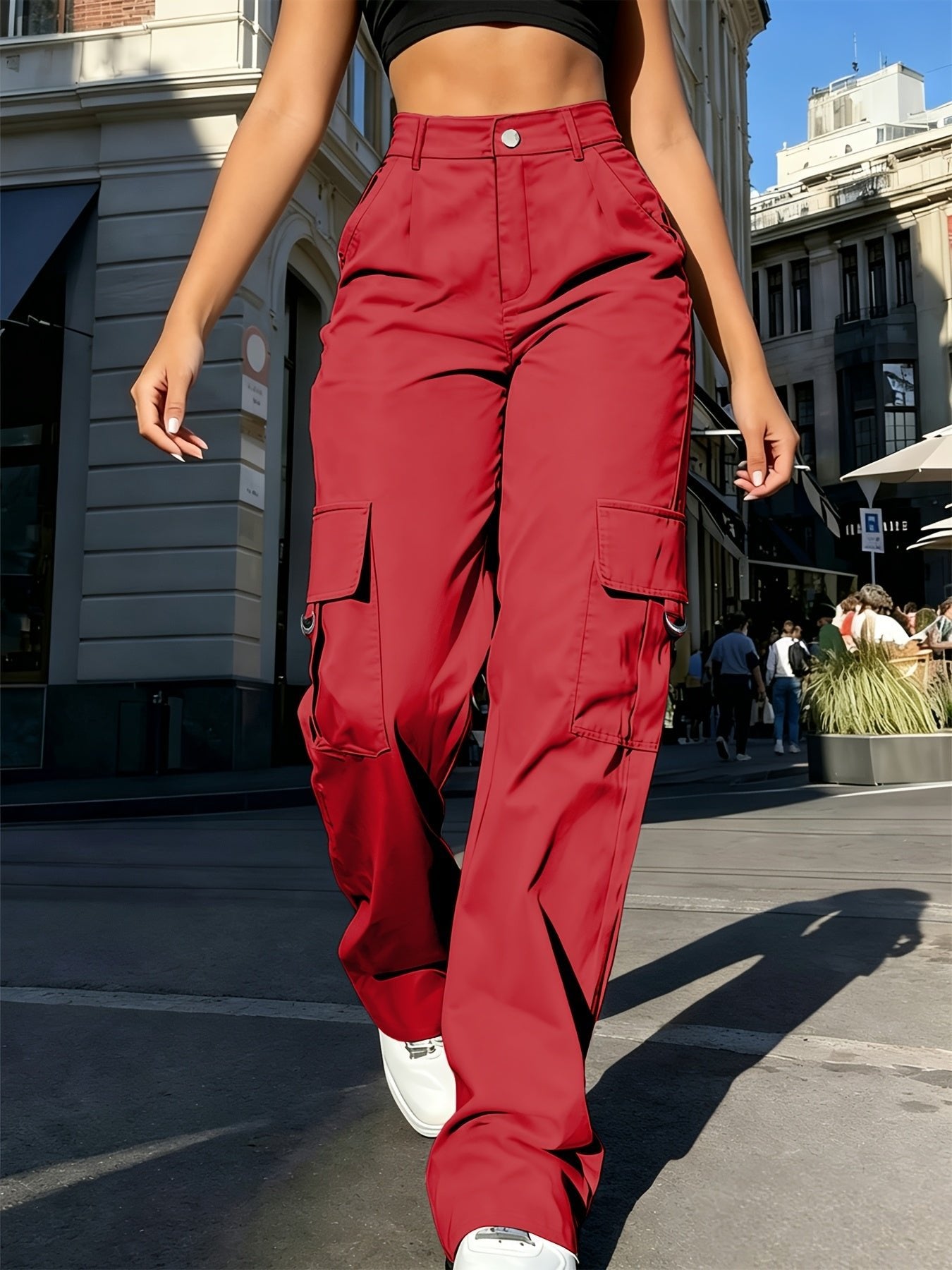 Women's Black High-Waisted Cargo Wide-Leg Trousers - Red