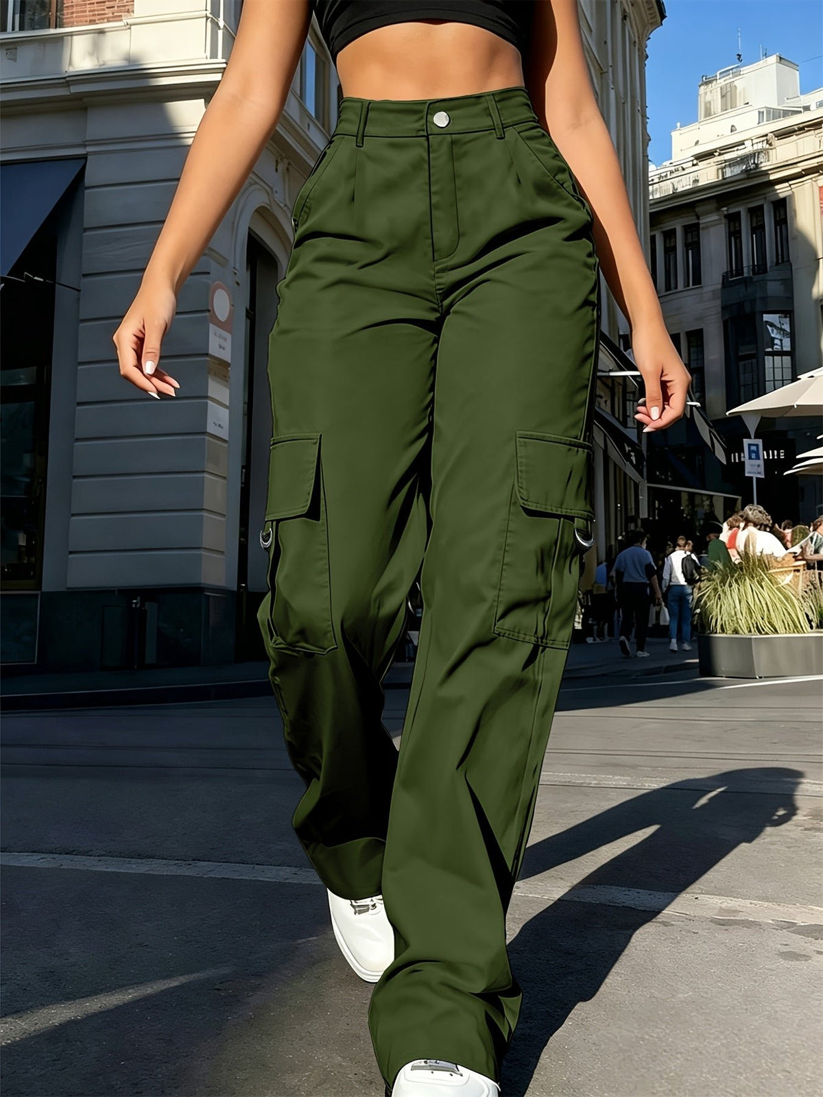 Women's Black High-Waisted Cargo Wide-Leg Trousers