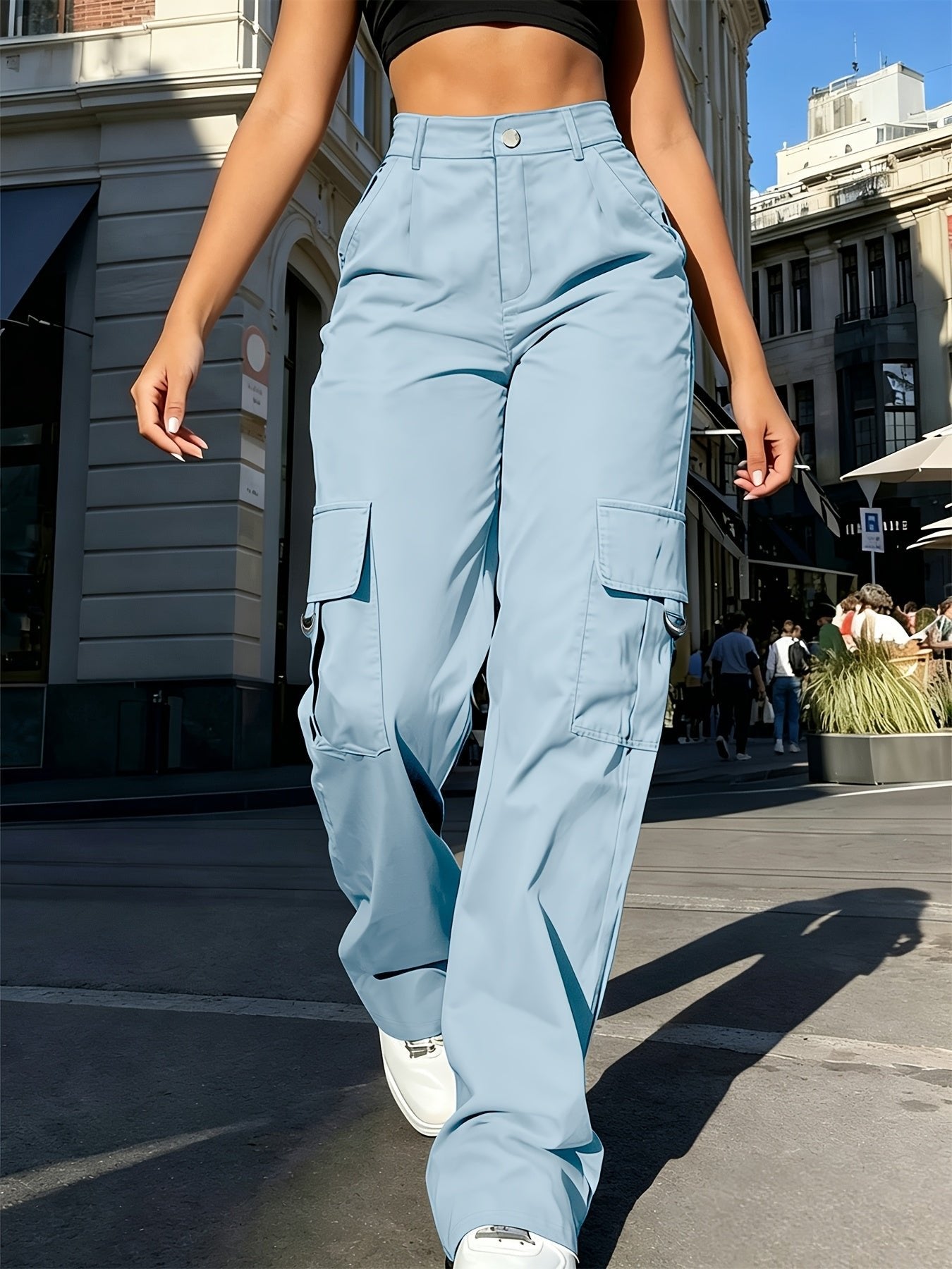 Women's Black High-Waisted Cargo Wide-Leg Trousers - Light Blue