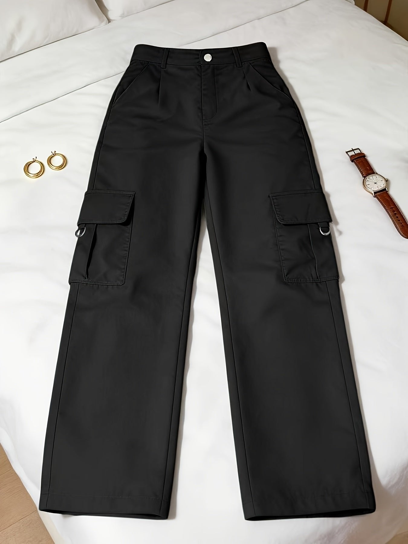 Women's Black High-Waisted Cargo Wide-Leg Trousers