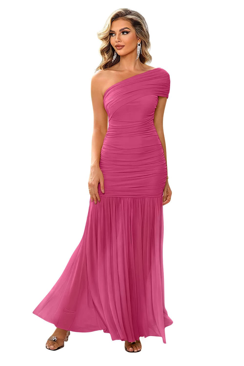 Women's Black Ruched Mermaid One-Shoulder Maxi Party Gown - Rose
