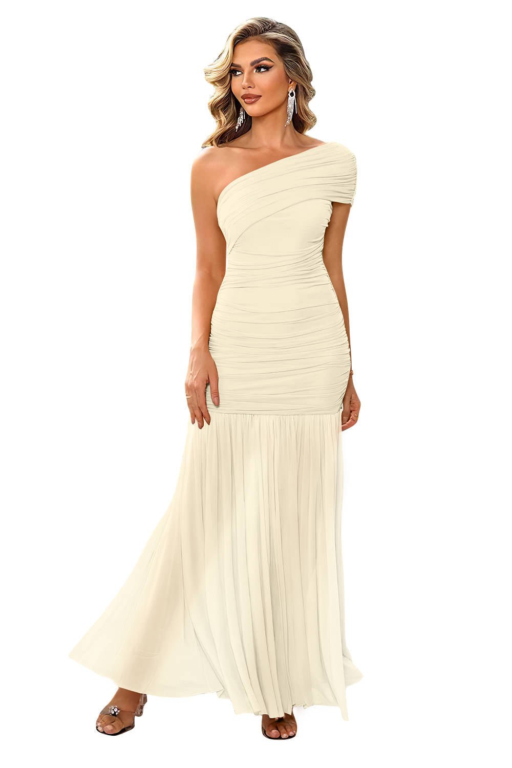 Women's Black Ruched Mermaid One-Shoulder Maxi Party Gown - Beige