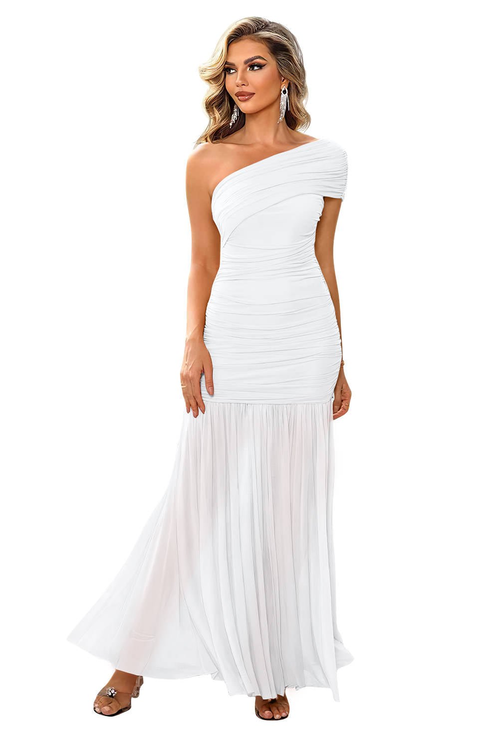 Women's Black Ruched Mermaid One-Shoulder Maxi Party Gown - White