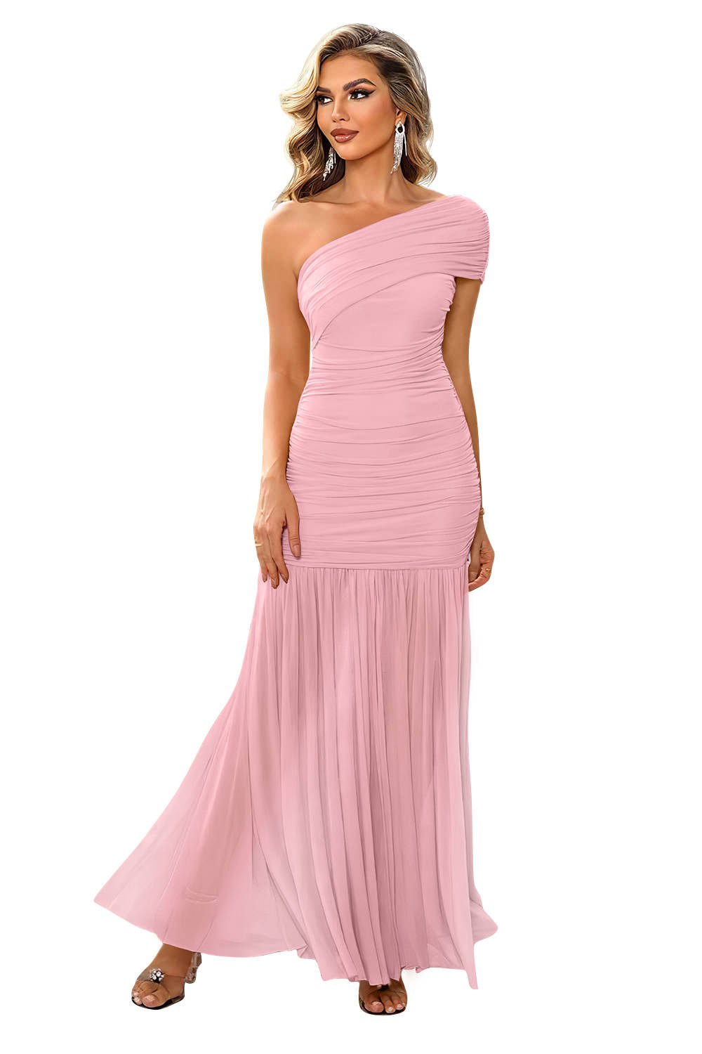 Women's Black Ruched Mermaid One-Shoulder Maxi Party Gown - Pink