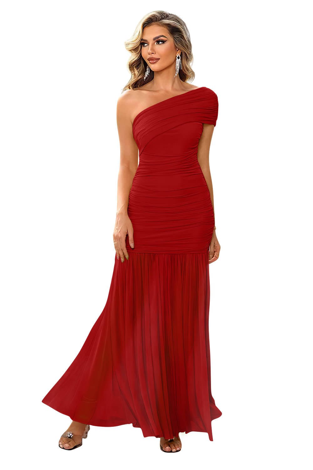 Women's Black Ruched Mermaid One-Shoulder Maxi Party Gown - Red