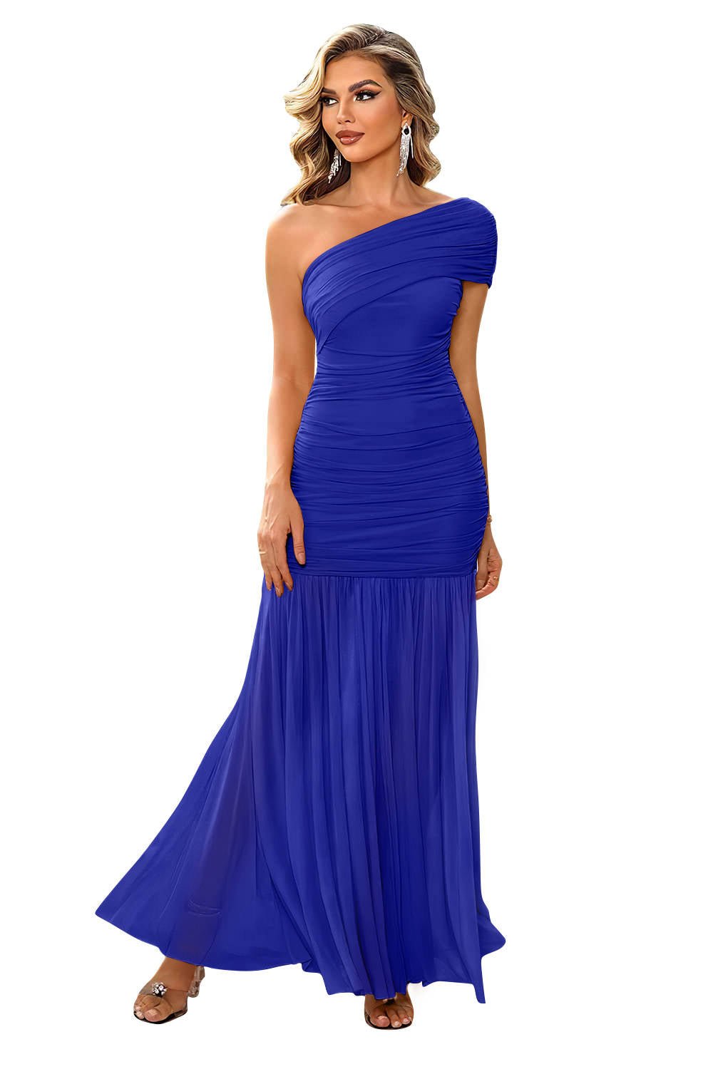Women's Black Ruched Mermaid One-Shoulder Maxi Party Gown - Royal Blue