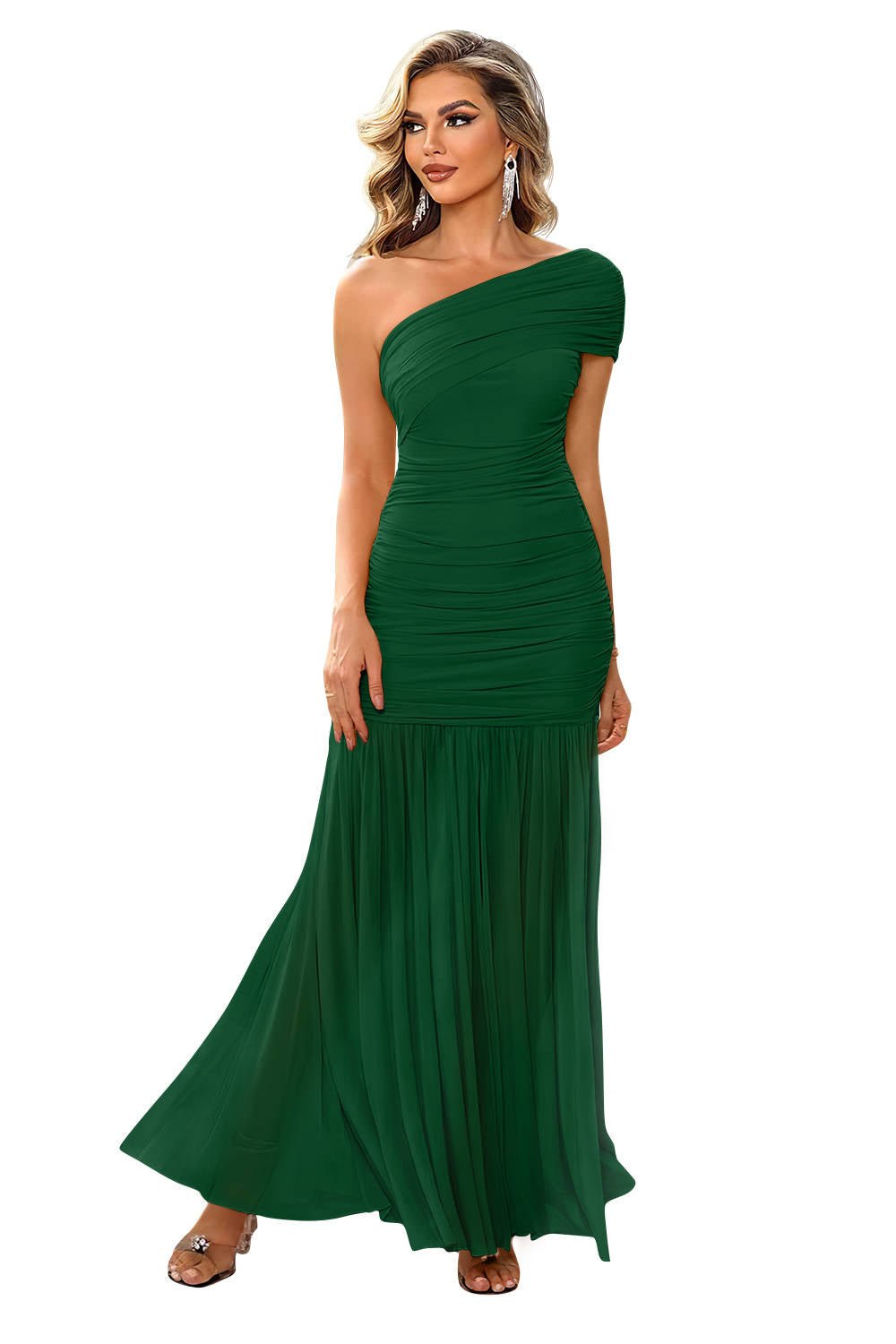 Women's Black Ruched Mermaid One-Shoulder Maxi Party Gown - Green