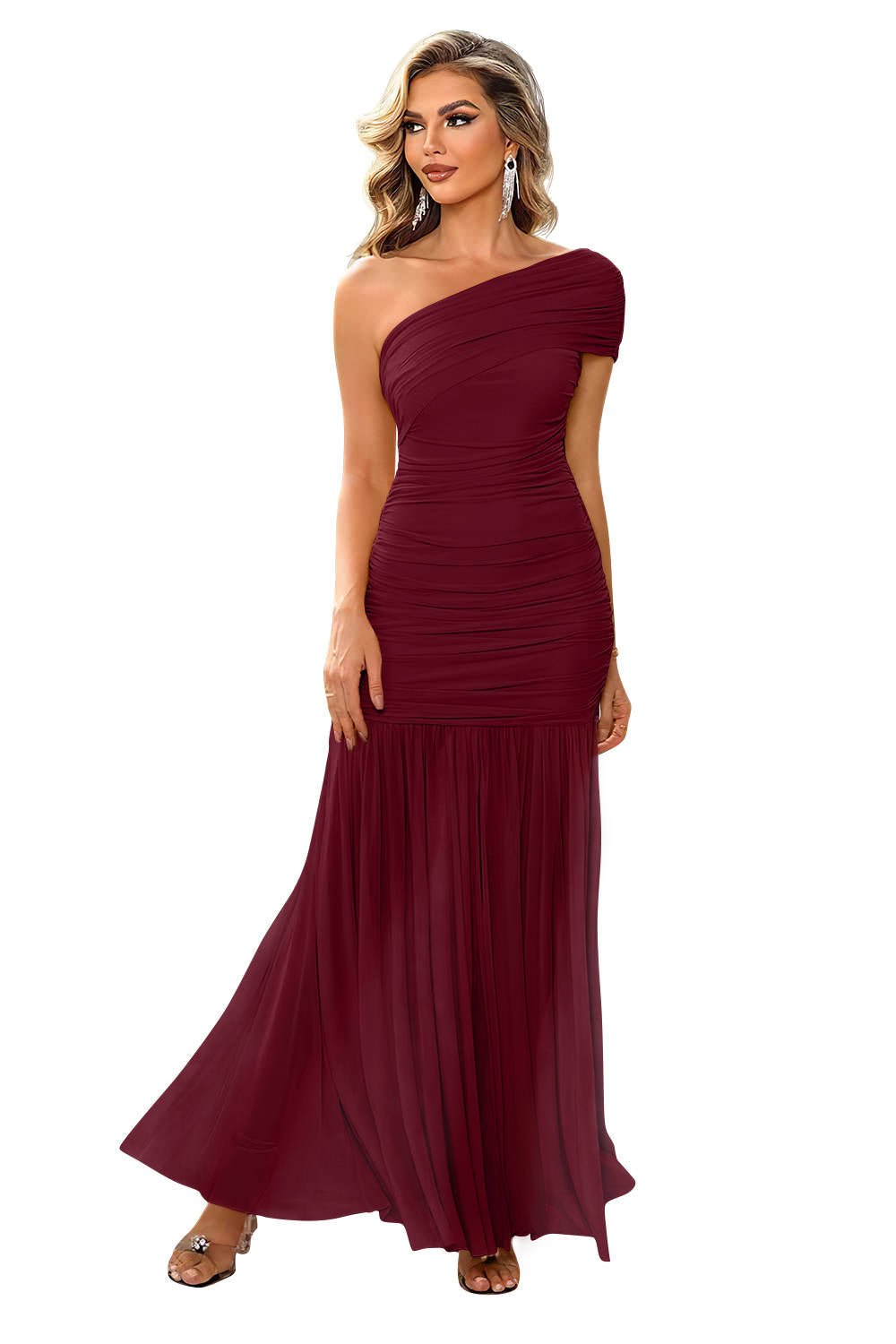 Women's Black Ruched Mermaid One-Shoulder Maxi Party Gown - Winered