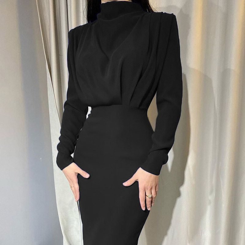 Women's Cocktail Satin Bodycon Midi Party Dress - Black