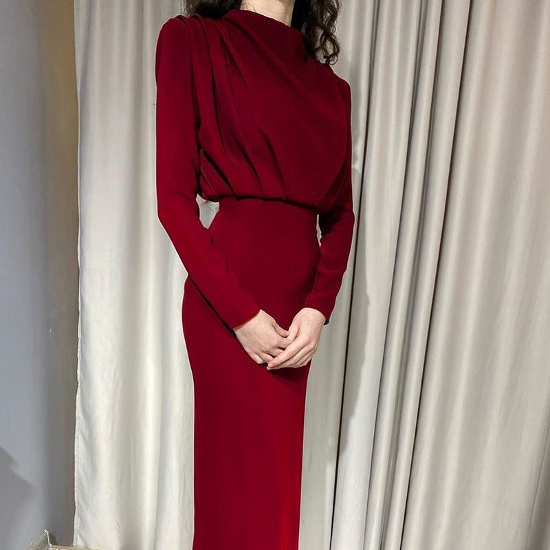 Women's Cocktail Satin Bodycon Midi Party Dress - Red