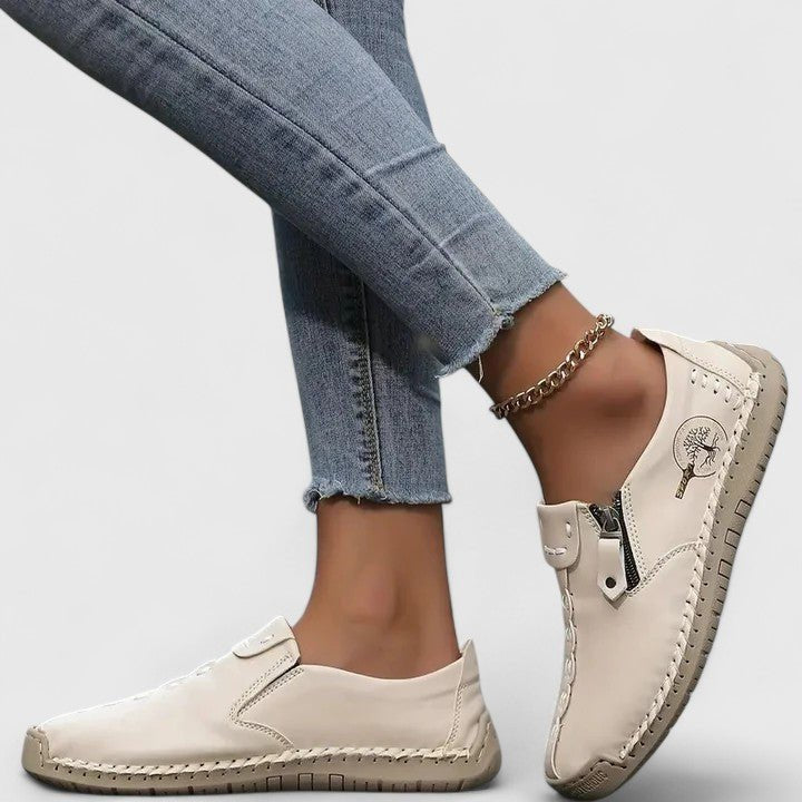Women's Loafer Leather Slip-On Trainers - Beige