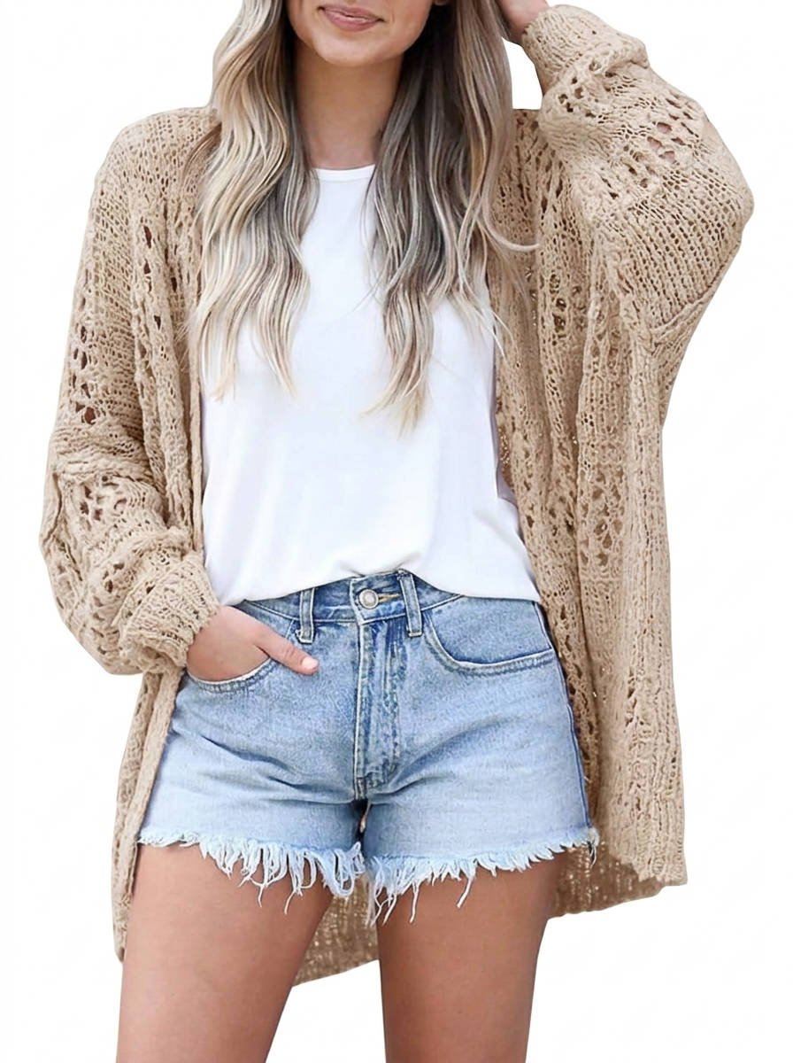 Women's Oversized Crochet Longline Cardigan - Khaki