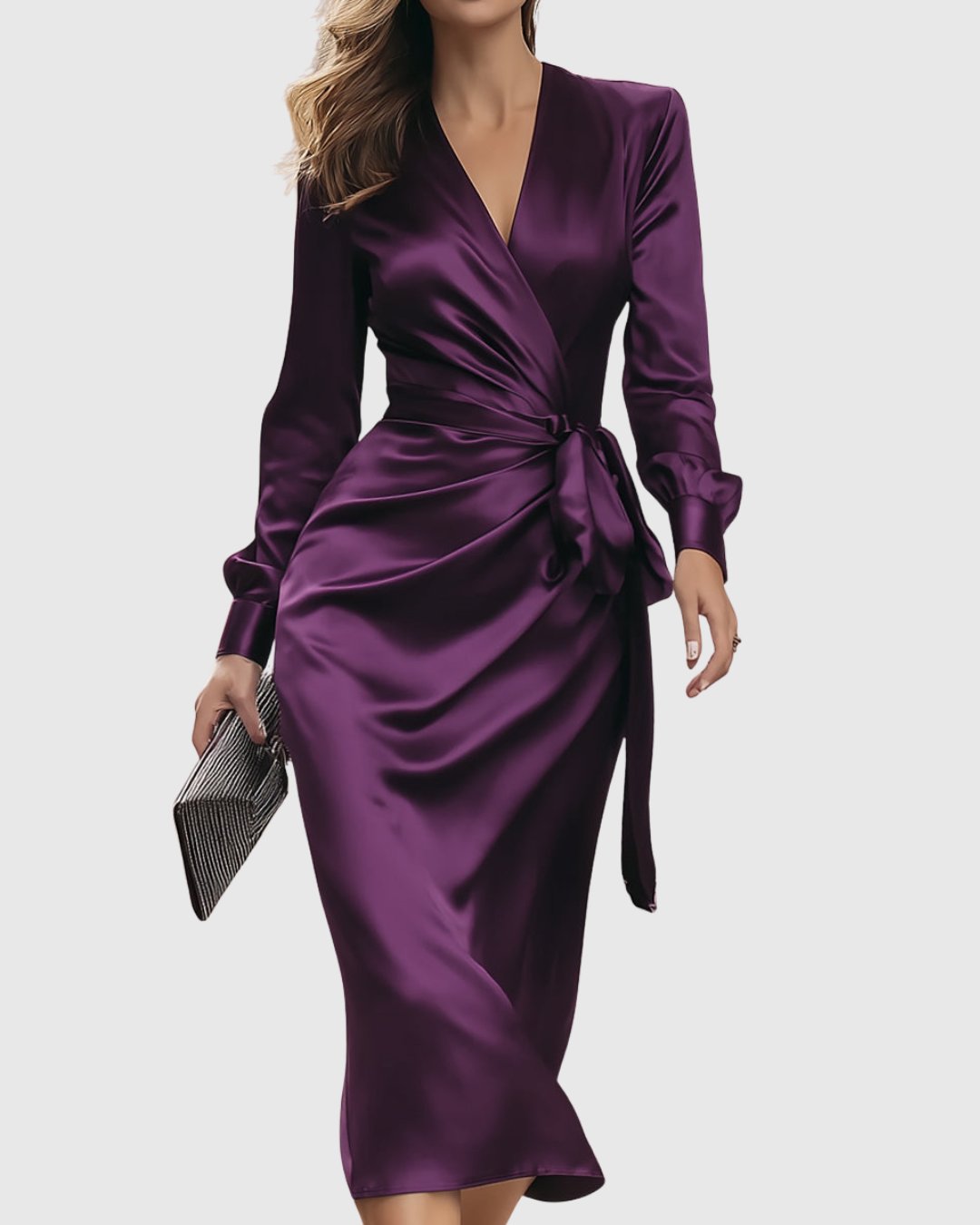 Women's Satin Wrap Midi Party Dress