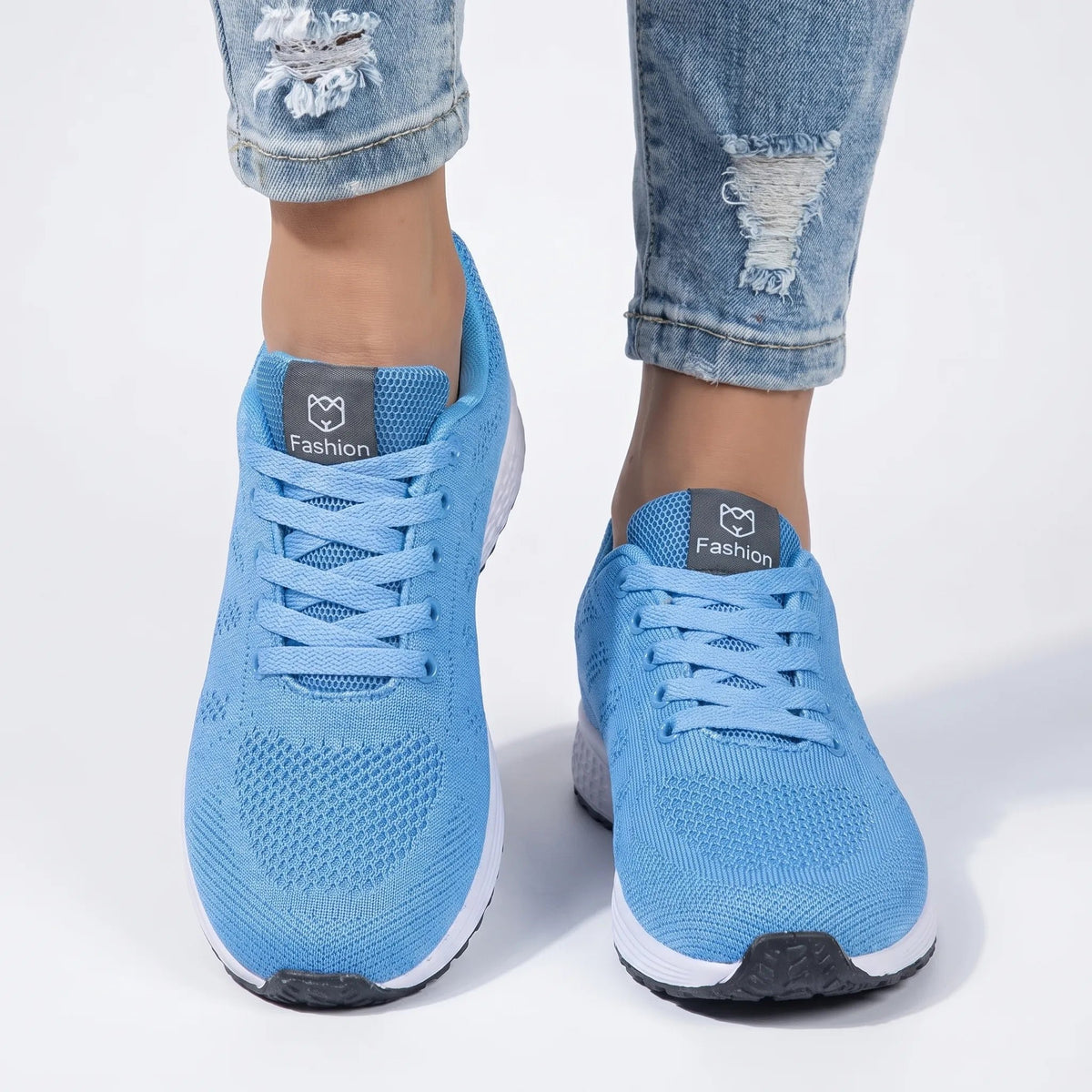 Women's Knit Lace-Up Trainers - Sky Blue