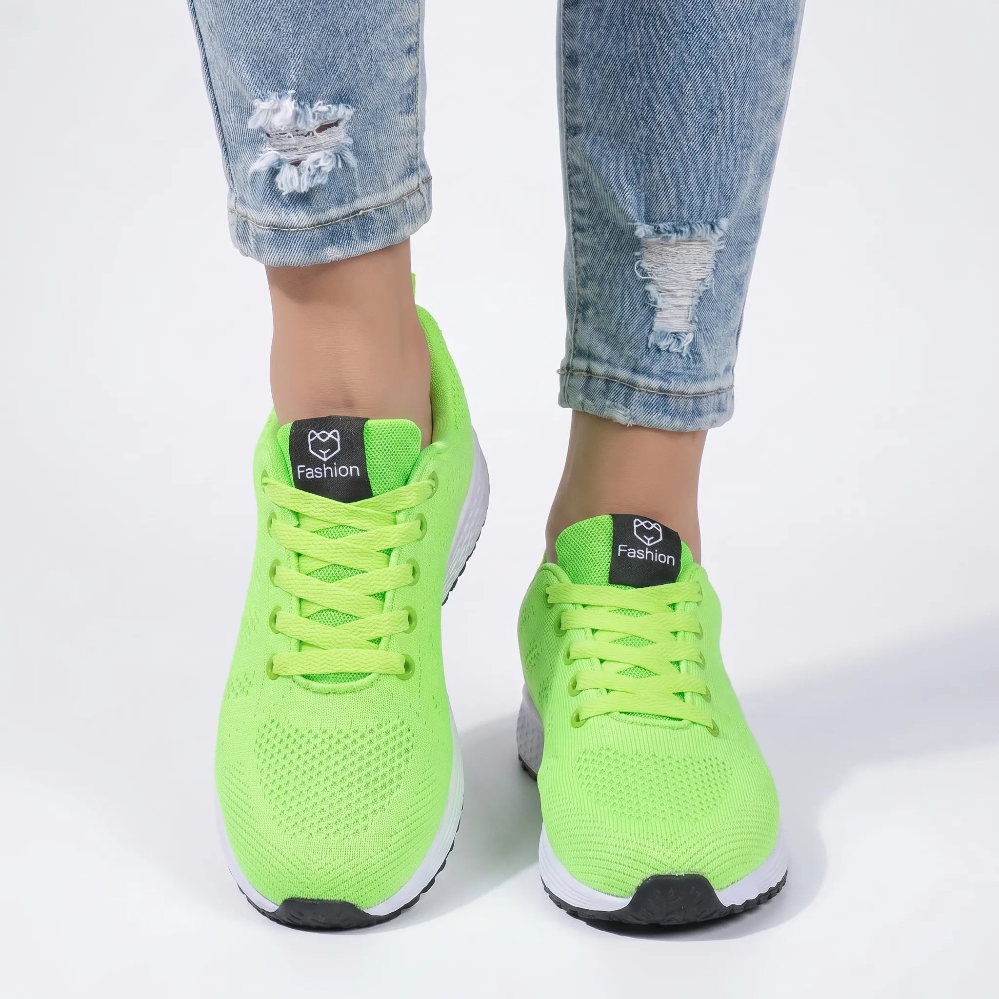 Women's Knit Lace-Up Trainers - Green