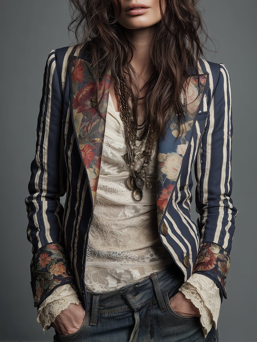 Women's Striped Satin Blazer - Navy Blue