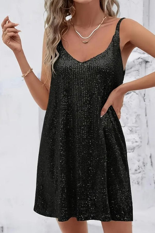 Women's V-Neck Sequin Mini Party Dress - Black