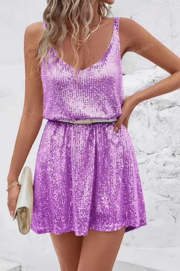 Women's V-Neck Sequin Mini Party Dress - Purple
