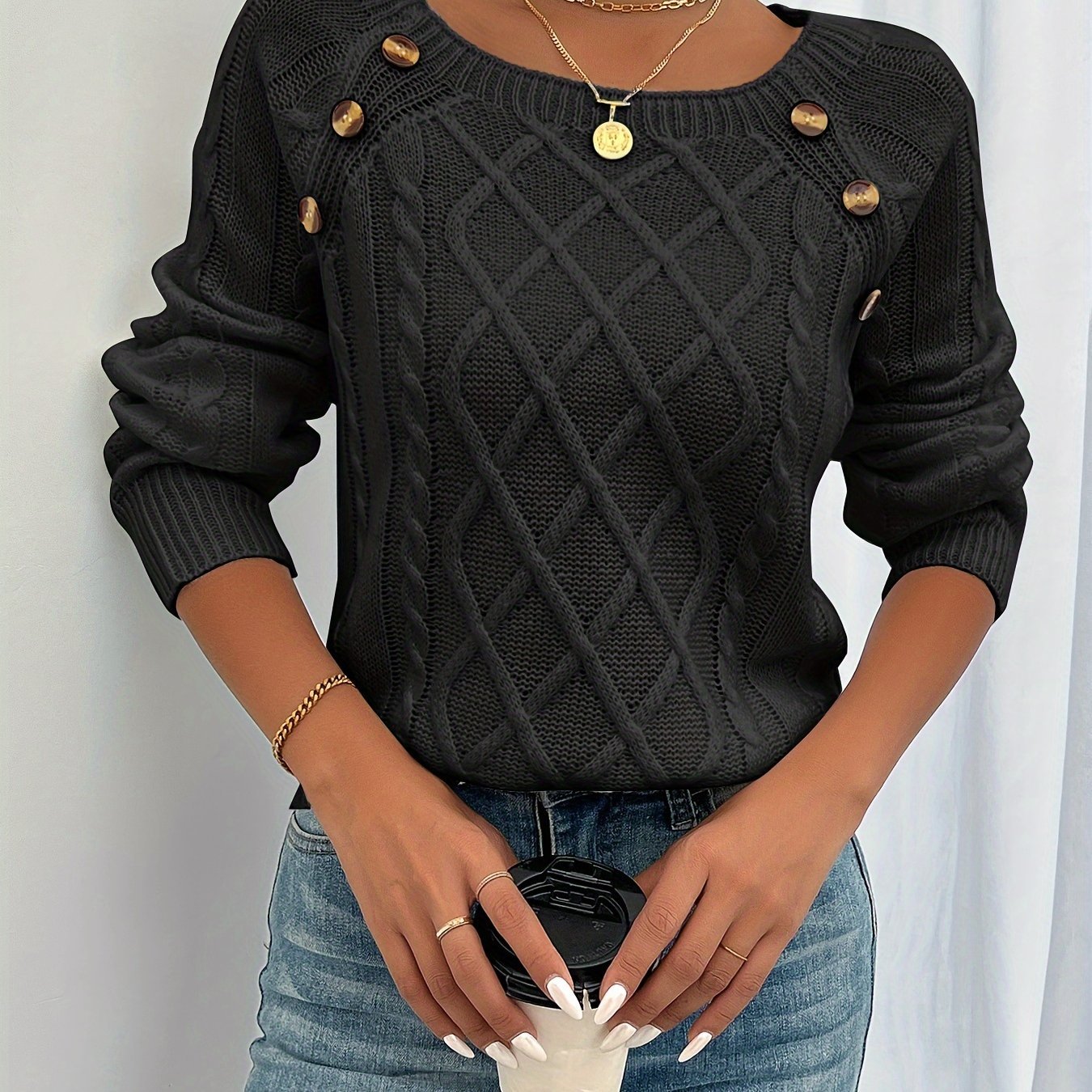 Women's Cable Knit Scoop-Neck Jumper - Black