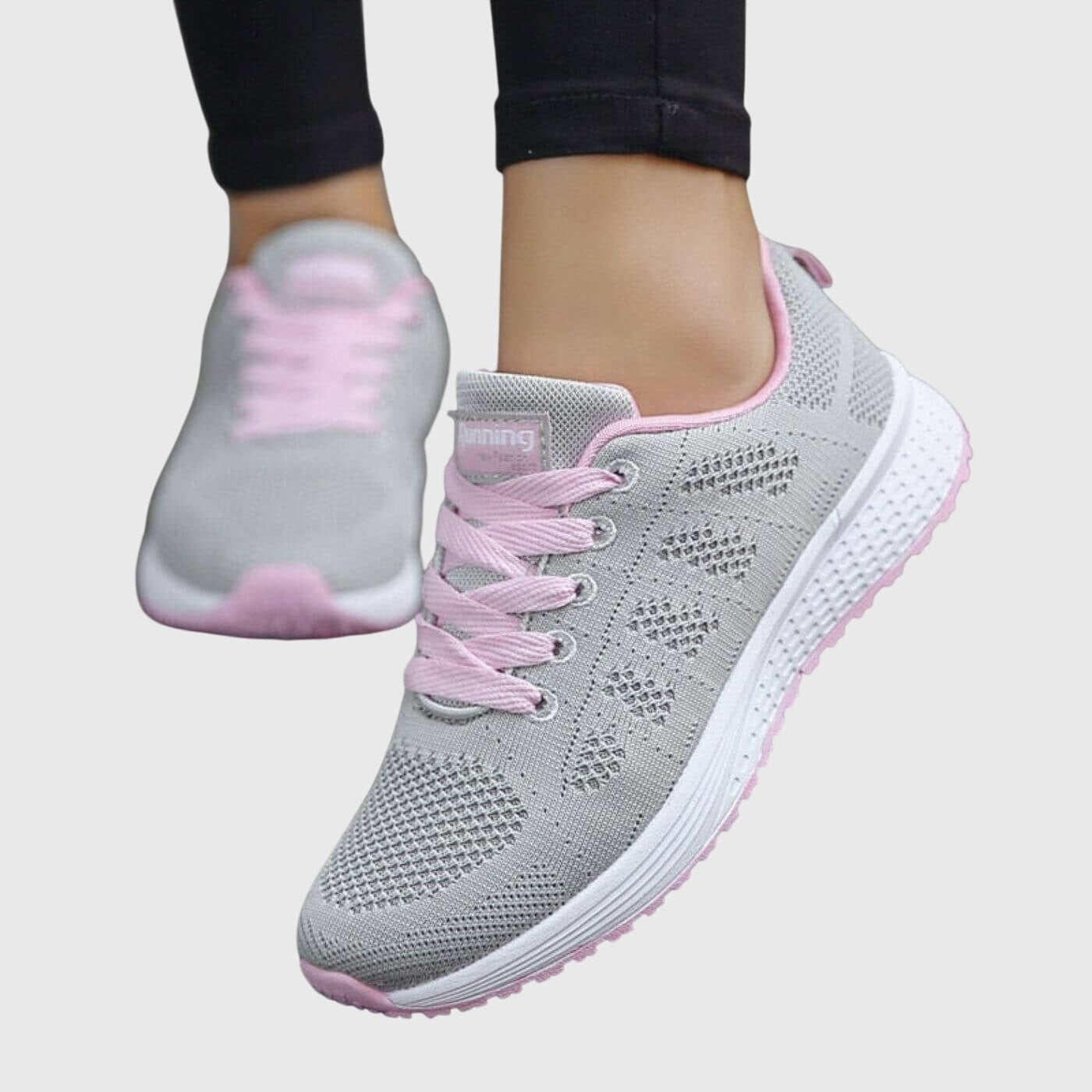 Women's Knit Running Lace-Up Trainers - Gray/Pink