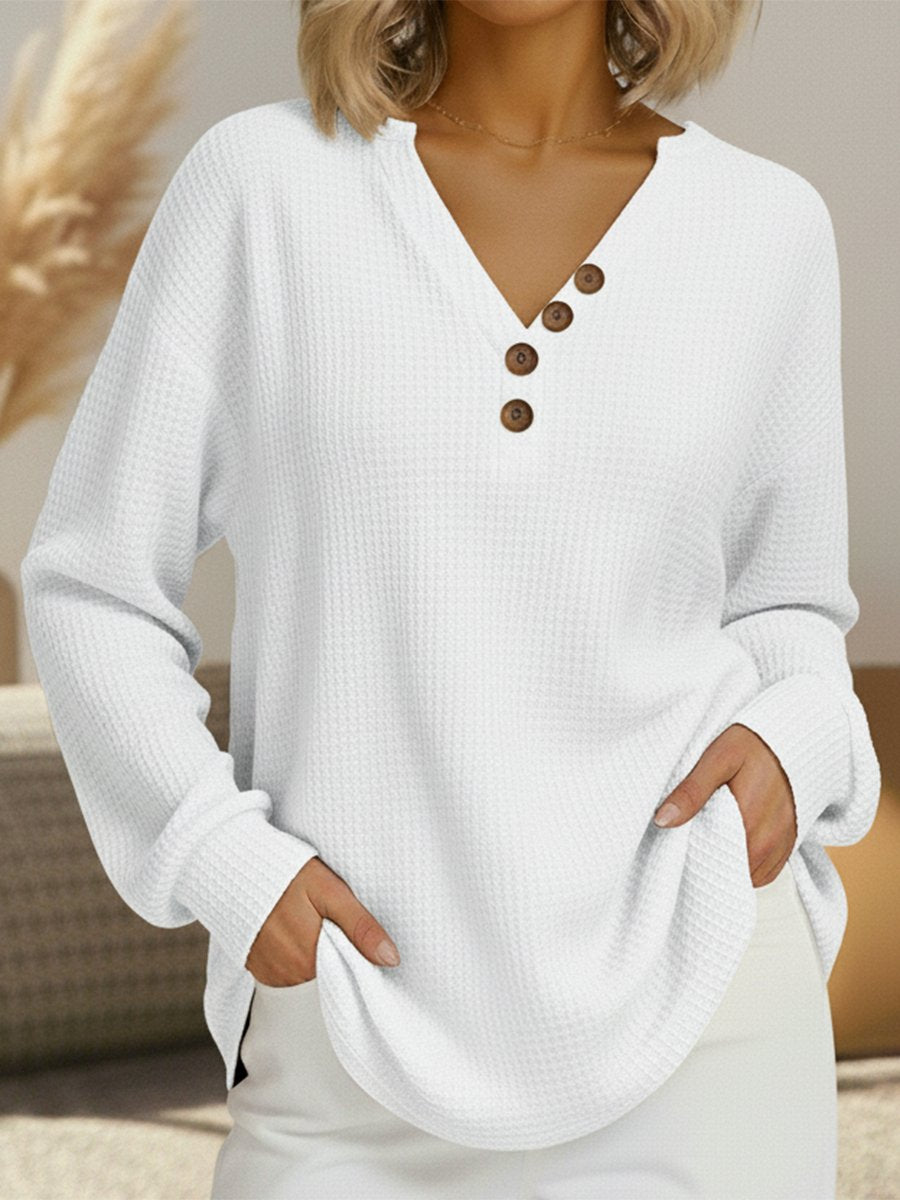 Women's Oversized Waffle Knit Henley Long Sleeve Top - White